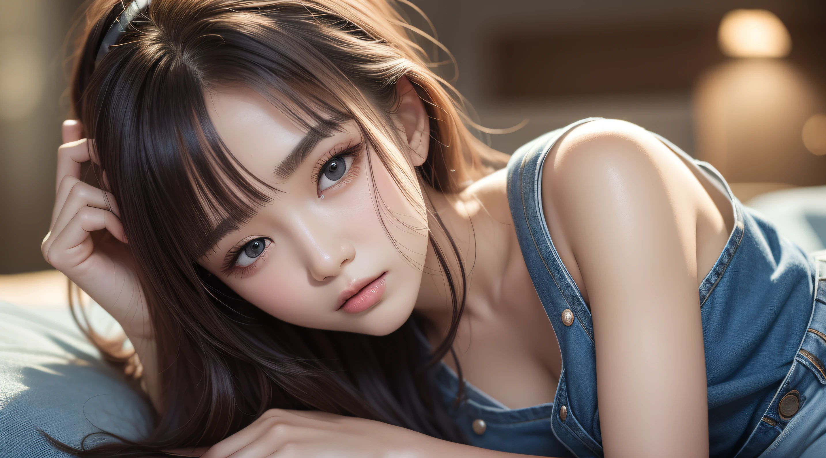 8K,1girll,brunette color hair,Elaborate Eyes,二重まぶた,Exquisite facial features,Delicate skin texture,black tanktop,denim pant,Ultra shorts