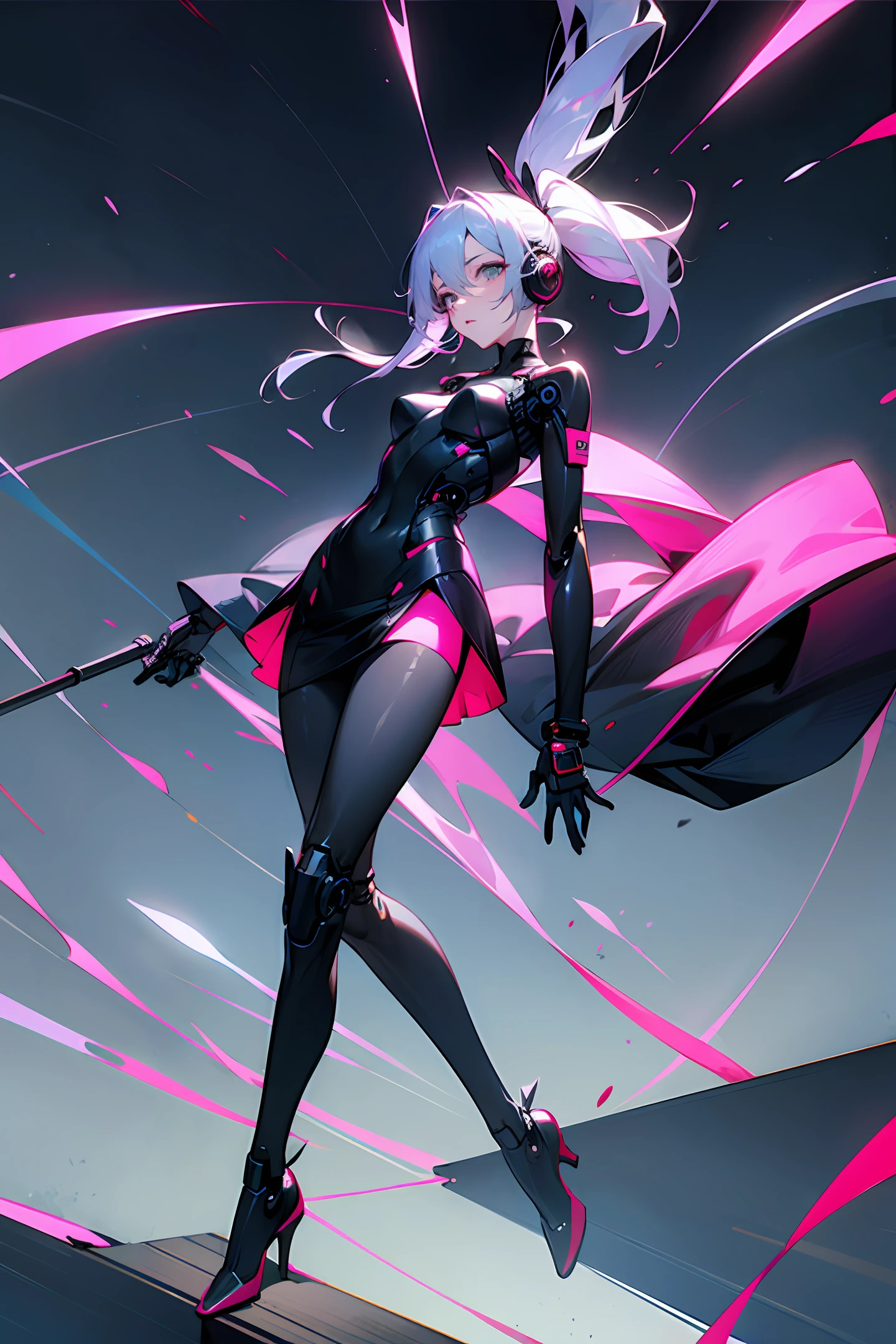 wearing bodysuit、Bring headphones、Double ponytail 36F two-dimensional girl wearing black silk,Behind you is the city of cybermechanical wind,Eyes are love,Wear translucent clothing,Pink miniskirt,Full body in camera