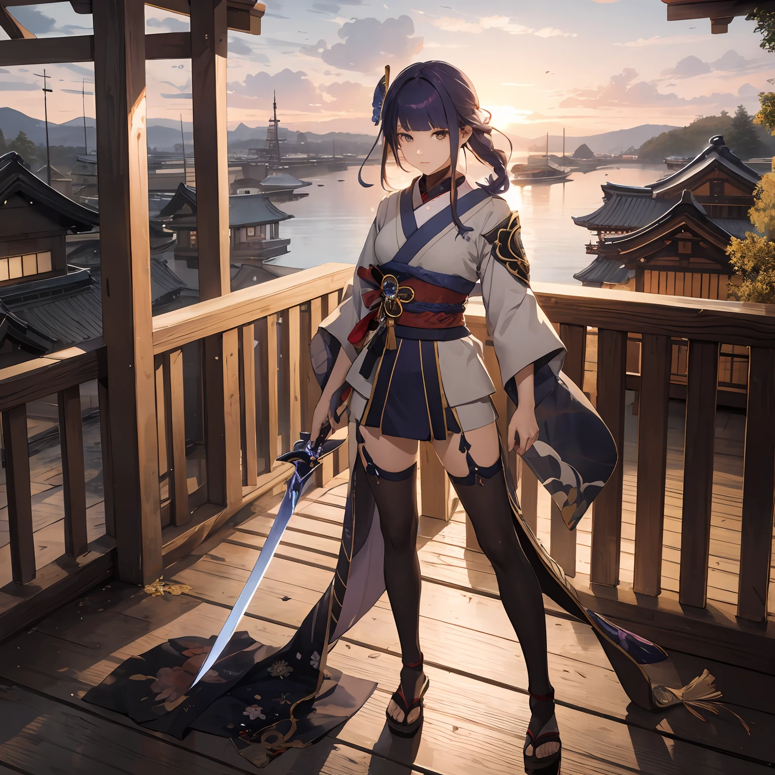 Japan bridge at sunset、Beautiful cloud、Beautiful Female Swordsman、samurais、Damaged clothing、Wielding a sword、tense look、Legs are visible、arms visible、Big numbers、in the edo era