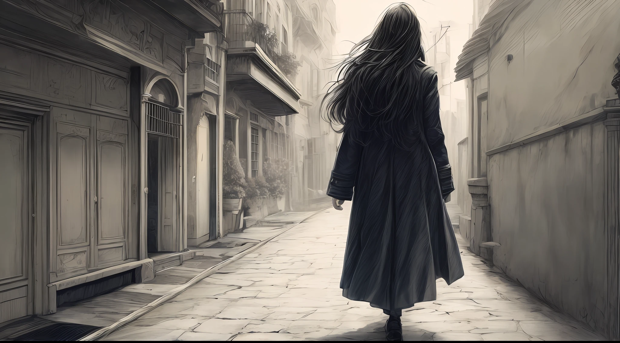 Mono Color，Manuscript drawing，1female，Long flowing hair，Walking forward，Look back，wide wide shot，A fresh breeze blows through Mansha's long coat --auto