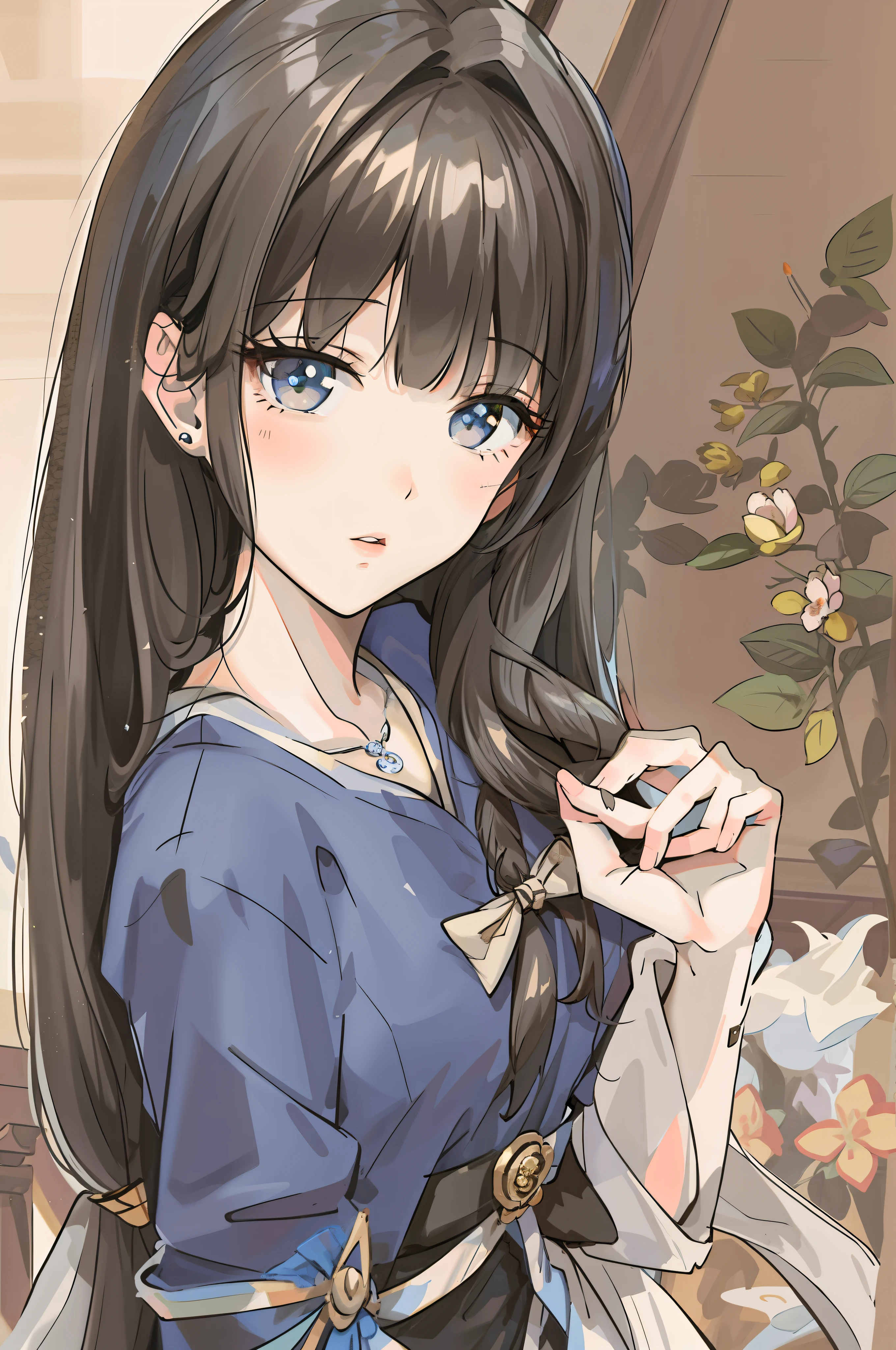 Antique girl with long black hair and blue shirt holding roses, Portrait of an antique girl, Portrait of a girl in costume, Detailed portrait of a girl in antique style, portrait girl, Ancient girl, beautiful portraits, anime portrait, drawn in anime painter studio, Antique portraiture, Soft anime illustration, An anime girl, Anime art, Beautiful anime girl, pretty anime girl