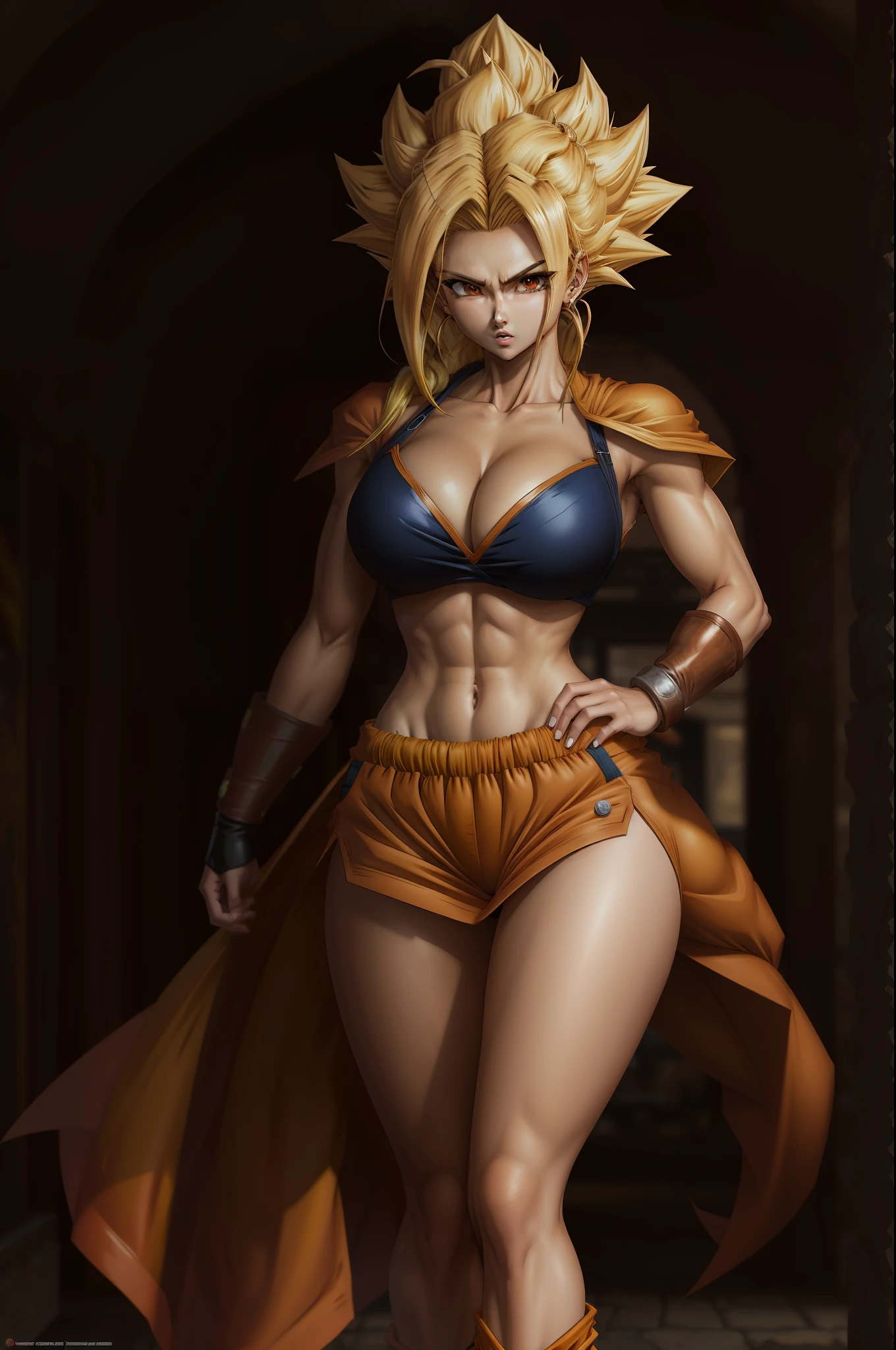 masterpiece, best quality, female goku, femalesuper Saiyan, yellow hair
