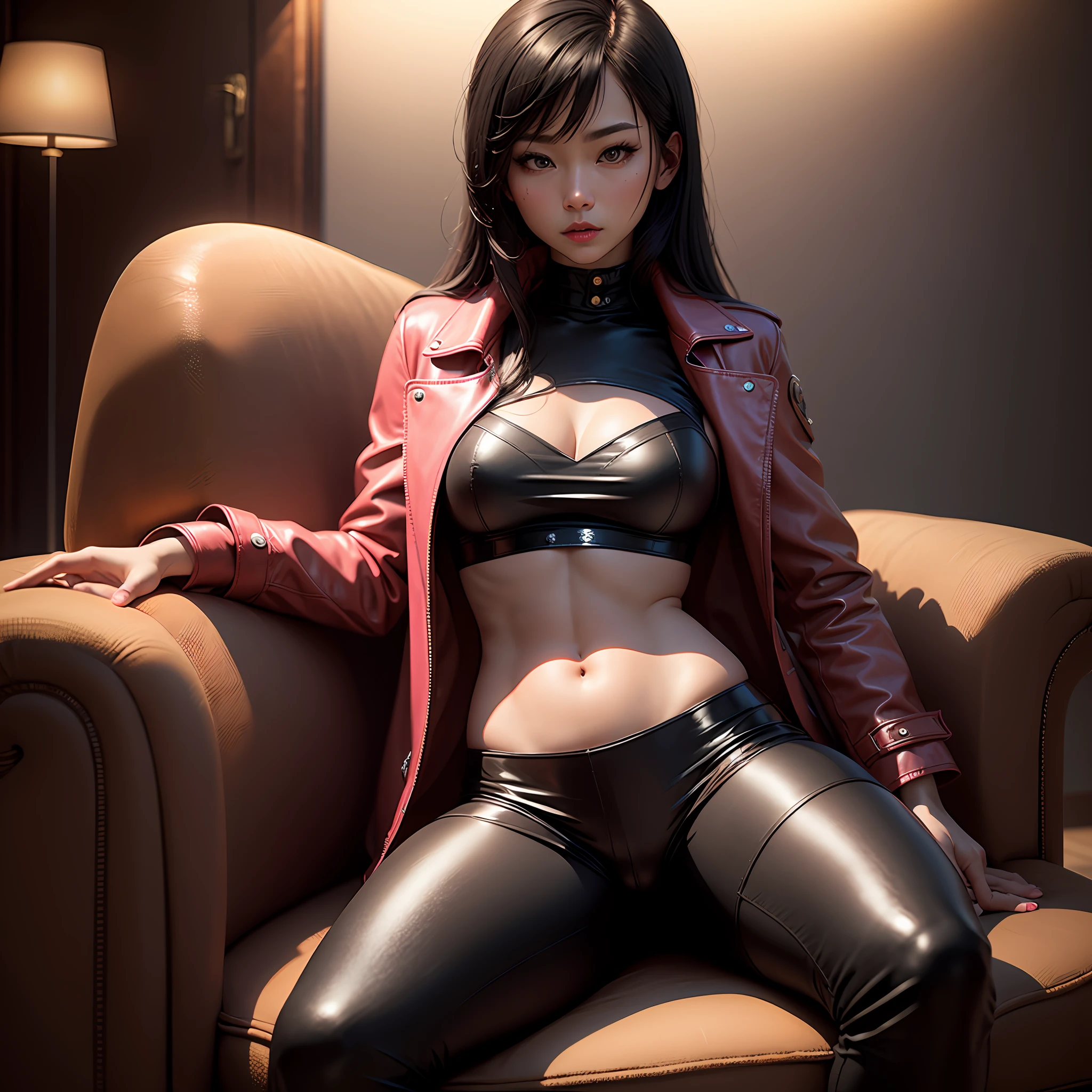 black hair, Pink leather coat, leather pant, Perfect woman, Asian women, enchanted, A leather sofa, Surrealism, cinematic lighting, a picture, 8k, super detail, UHD, masterpiece, anatomically correct, textured skin, high details, super detail --auto