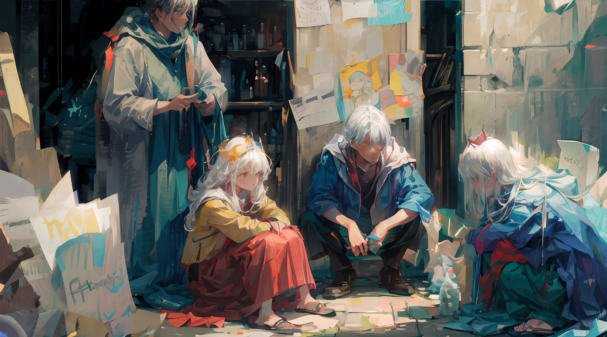 （Realistis：1.4），medieval times，8K，After the war，top down shot，wide wide shot，Close-up，low angles，low  angle shot，Elevation angle，Close-up,Get close to the character，dramatic scene，A princess，The richly dressed princess sits by the devastated city walls，The city is full of beggars，Full of ragged beggars，overcast day，Drizzle，A sense of contrast，and it is raining，Helpless beggars，A group of beggars looked at the princess，Comic storyboard