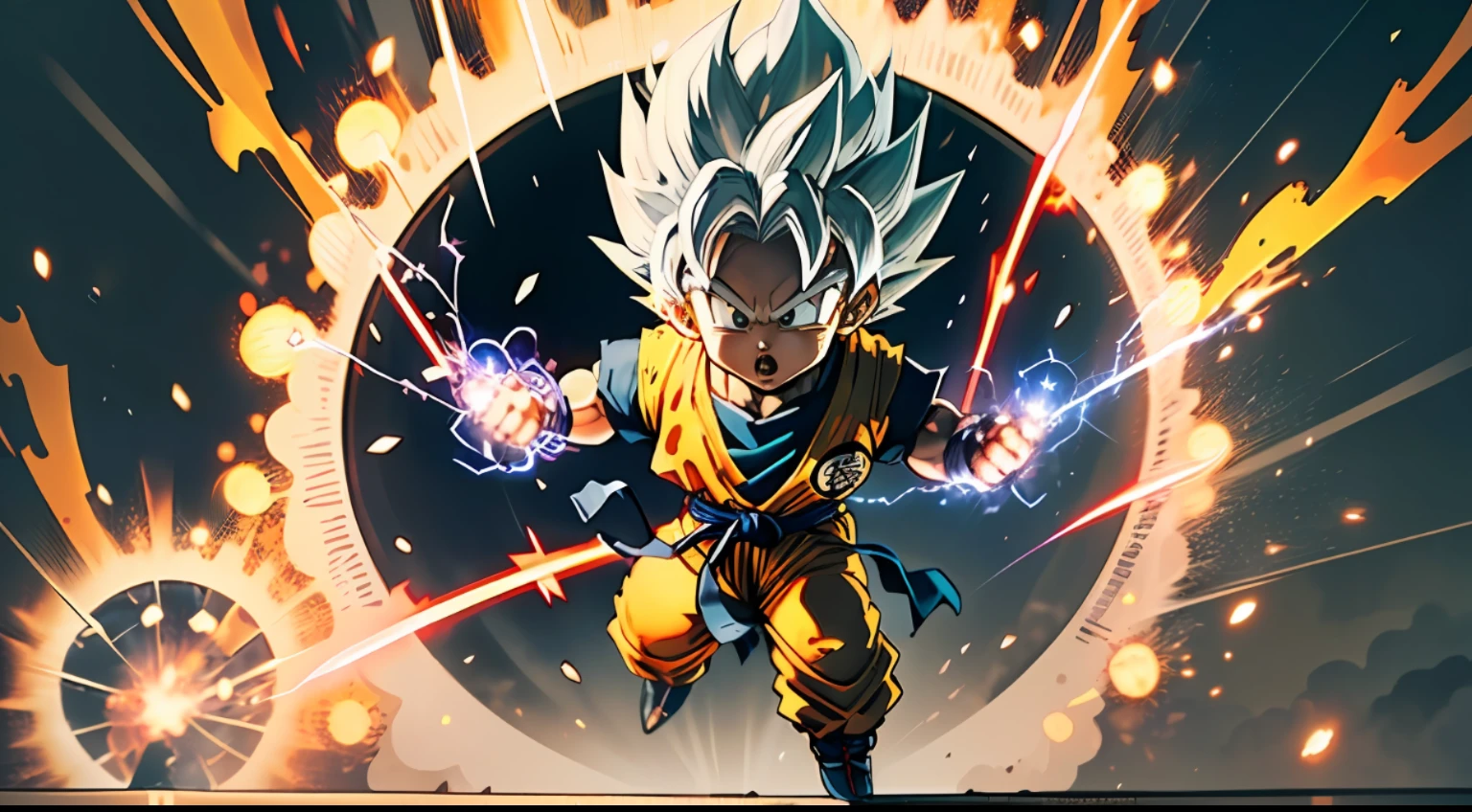 Masterpiece), (Extreme Quality), (Ultra Detailed), (delicate face), (detailed eyes), Full Body, 1 boy, (9 goku in super saiyan with white hair from Akira Toriyama's Dragon Ball manga: 1.7), solo, Chibi, Cute, perfect hands, (glowing metal objects hovering in the air and surrounding him:1.2),(Electric arcs and sparks:1.2),(flow of energy:1.2),(translucent magnetic lines:1.2),(golden silver grey and shimmering light effects:1.2), Kamehameha skill