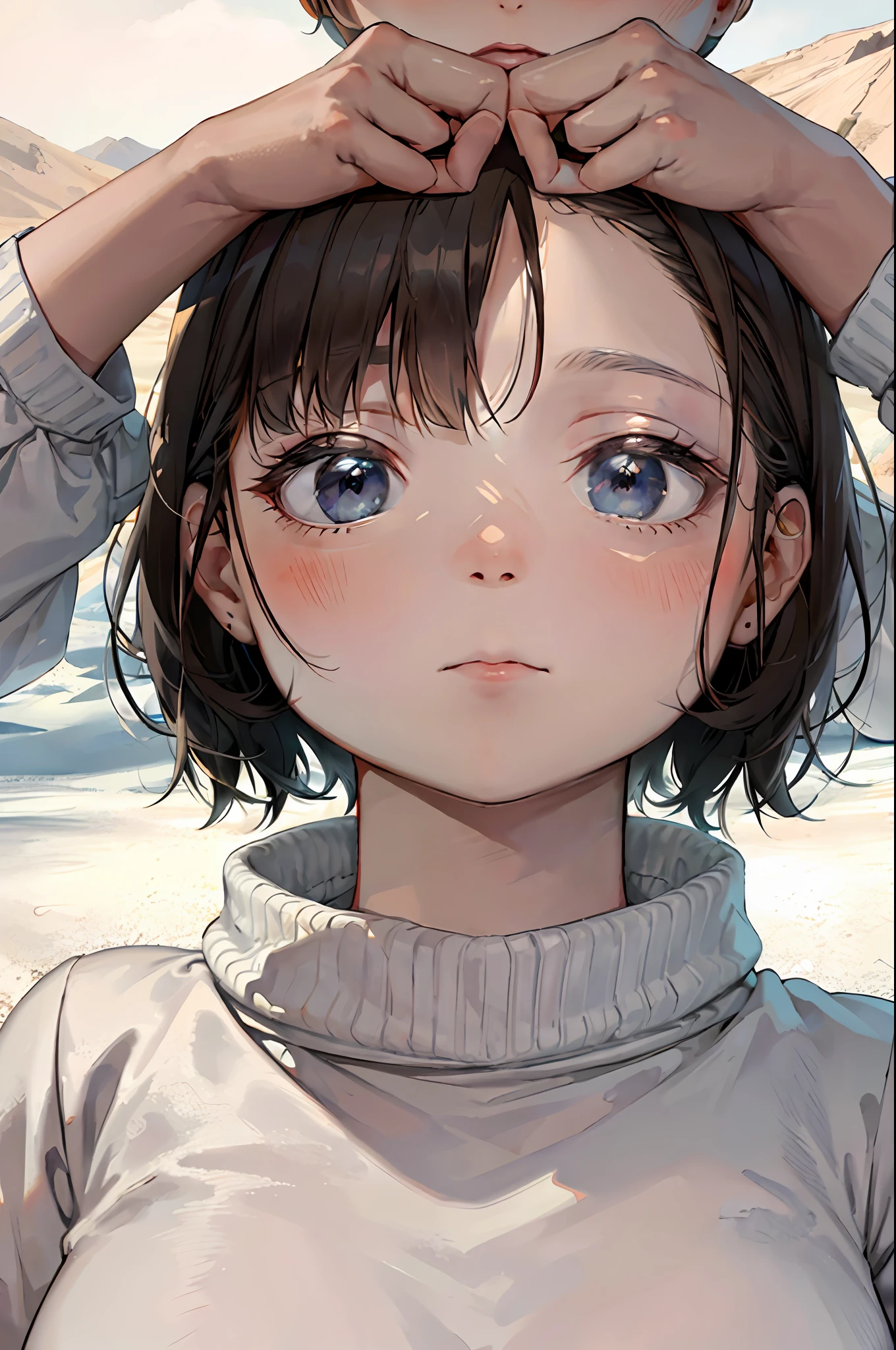 A girl with white shirt background is in the desert and her face is round fat