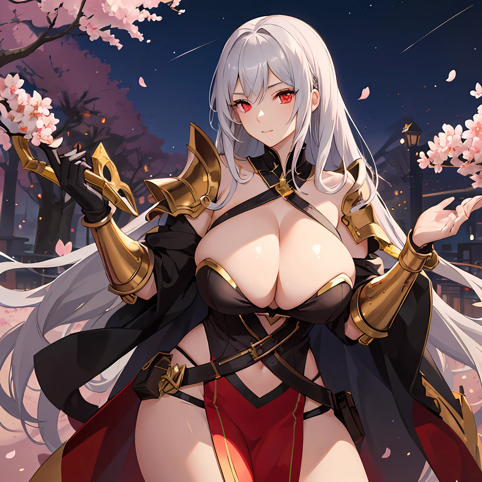A sexy girl with silver hair and red eyes. She wears a golden armor, and stamp on the bodies of the died monsters. She raises her huge golden sword. In the dark night, the golden light hit from the sky to the girl. And the cherry blossom fly around her.