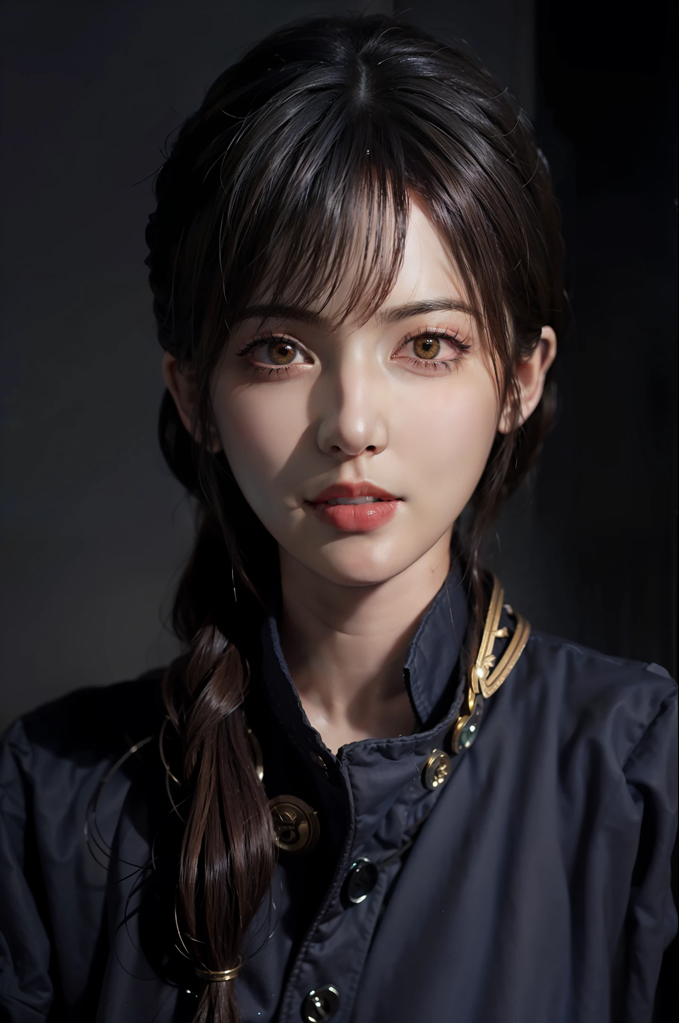 Hyperrealist portrait of female by david hockney and alphonse mucha,fantasy art, photo realistic, dynamic lighting, artstation, poster, volumetric lighting, very detailed faces, 4 k, award winning,, 1girl, in the dark, deep shadow, low key,cowboy shot,(official clothing:1.4) ,long hair,white hair,