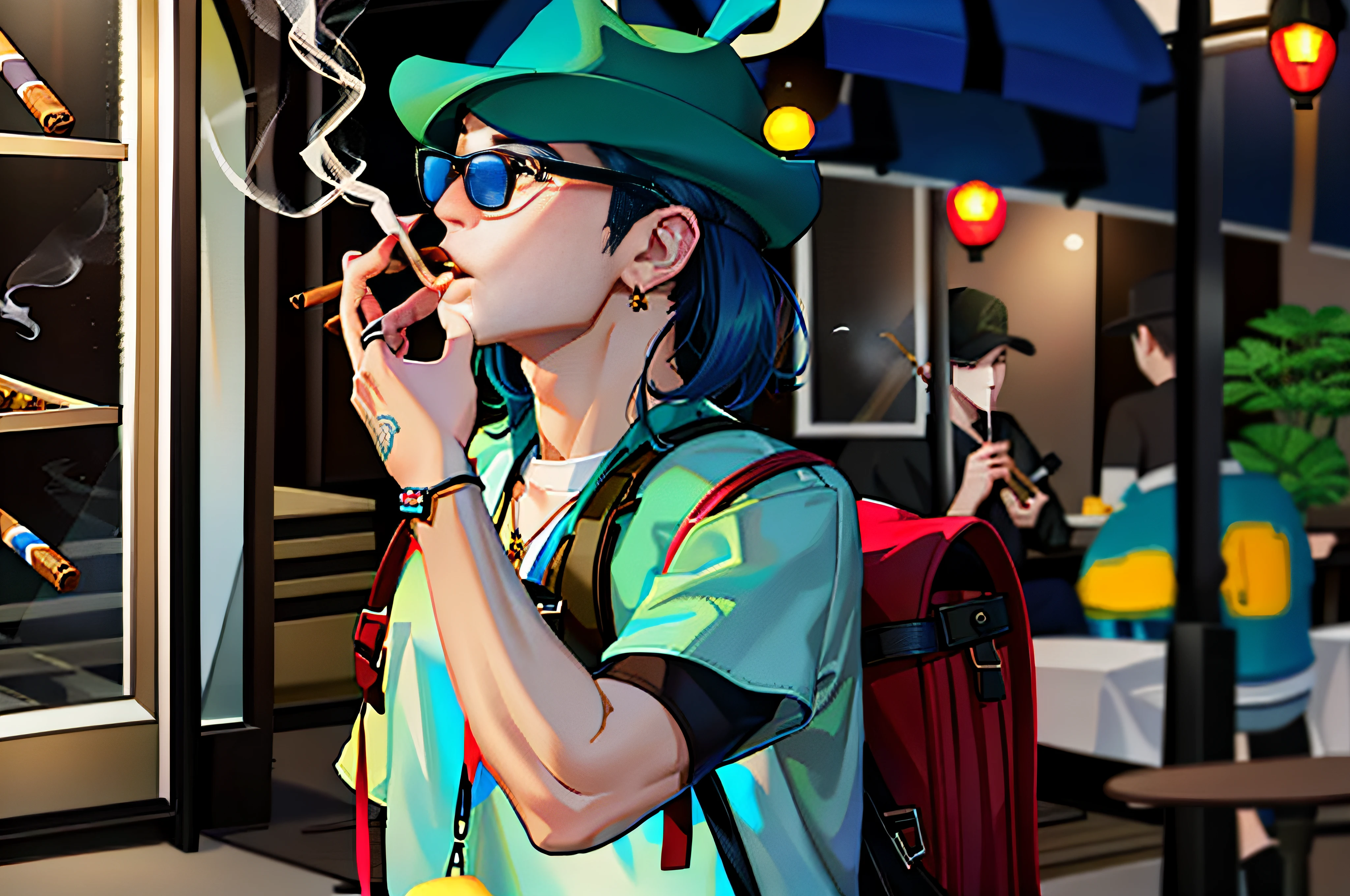 Man with hat and backpack smoking cigarette, taking a smoke break, Smogpunk, with cigar, smoker, Smoking weed alone outside, smoke all around, SUCK, shigeto koyama, while smoking a cigar, smoking outside, photo of breeze kaze, he is smoking a cigarette, taken in the early 2020s、Cool tattoos、