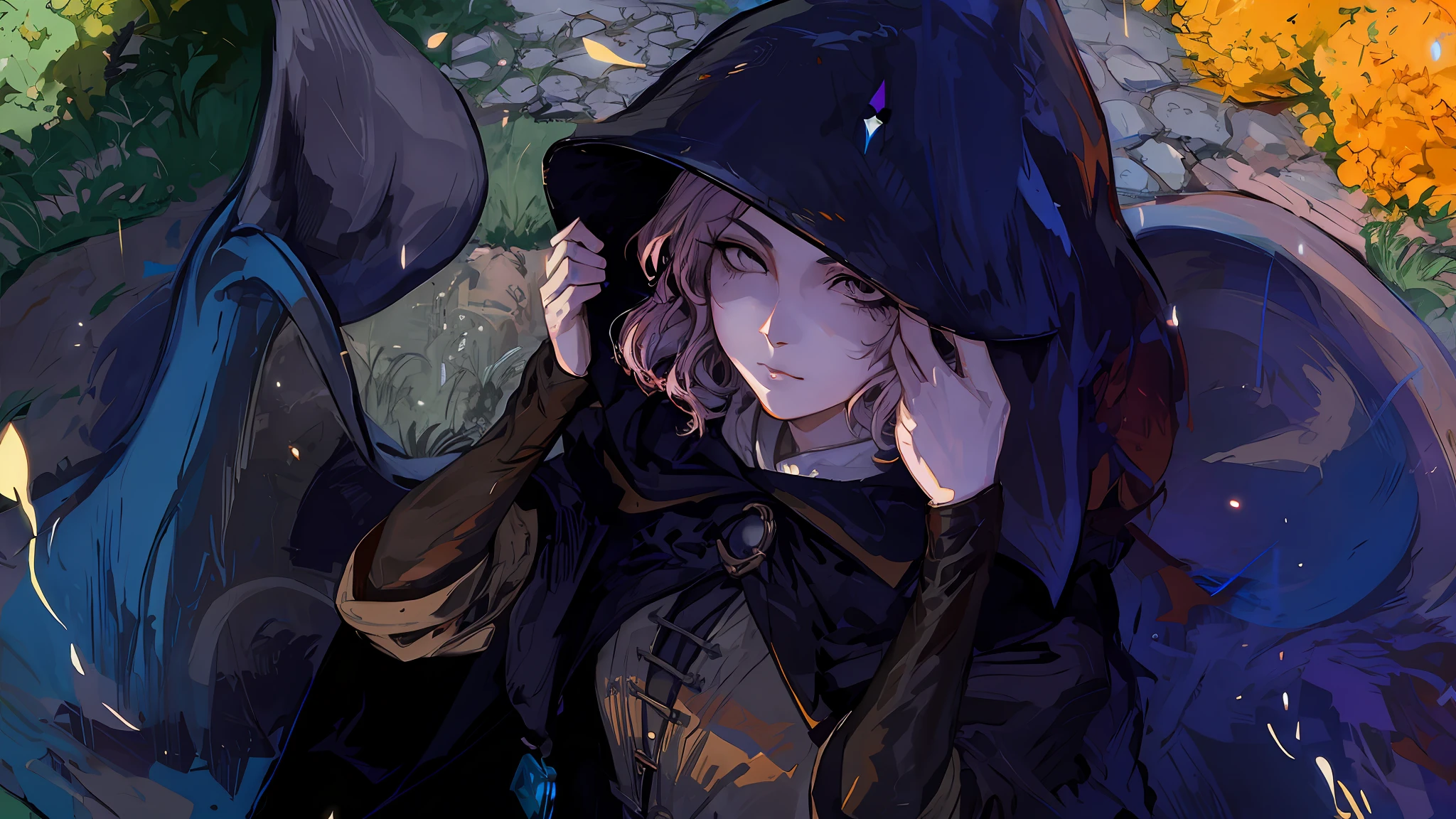 Melina wearing a black cloak and hat and a black hat, Guviz-style artwork, zerochan art, Detailed digital anime art, Guweiz in Pixiv ArtStation, Guweiz on ArtStation Pixiv, Guviz, Digital anime illustration, trending on artstation pixiv, portrait of a female mage, Digital art on Pixiv