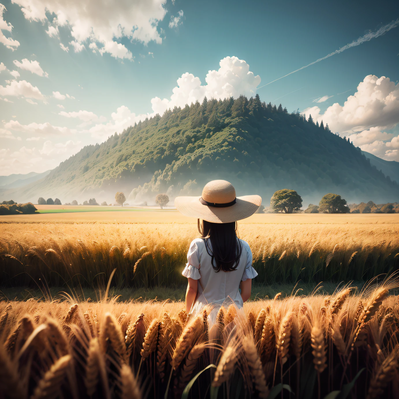 Wheat field, a beautiful woman with a straw hat standing in a wheat field, big clouds, blue sky, rice field, neat rice seedlings in the field, forest, hillside, secluded, rural, HD detail, hyper-detail, cinematic, surrealism, soft light, deep field focus bokeh, ray tracing and surrealism. --auto --v6