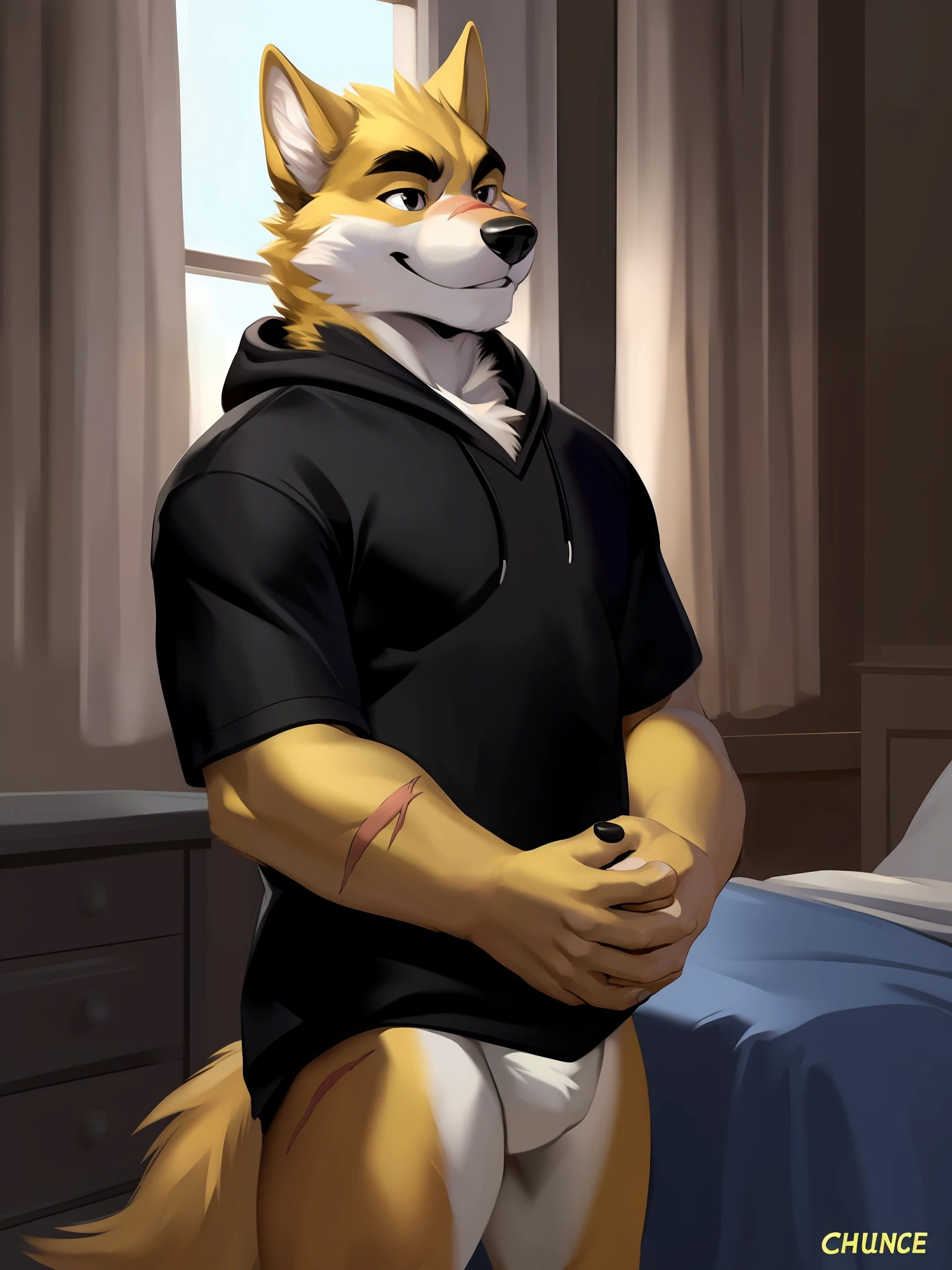 masterpiece, best quality, nj5furry,furry male, 1boy, furry, male focus, solo,animal ears, formal, wolf ears,wolf boy, smile ,
white fur, yellow fur, brown fur, two-tone fur,black eyes, black shirt, red hood, black hoodie, thick eyebrows, tail, scar on eye,yellow ears,
((full body,)),
by chunie