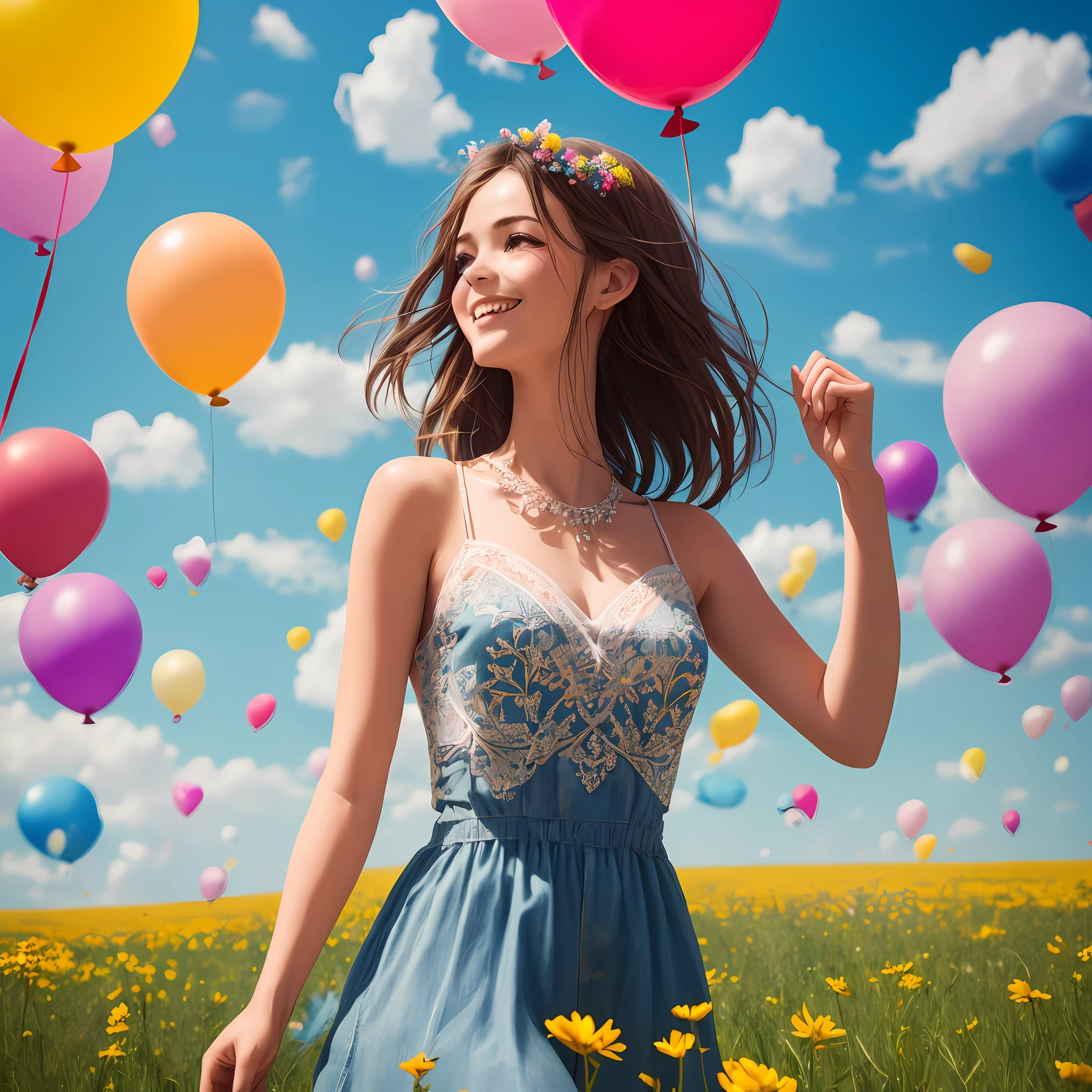 A girl holding flowers, colorful balloons floating in the sky, meadow, dancing, holding flowers, happy, happy, perfect quality, clear focus (clutter-home: 0.8), (masterpiece: 1.2) (Realistic: 1.2) (Bokeh) (Best quality) (Detailed skin: 1.3) (Intricate details) (8K) (Detail Eyes) (Sharp Focus), (Happy) --auto