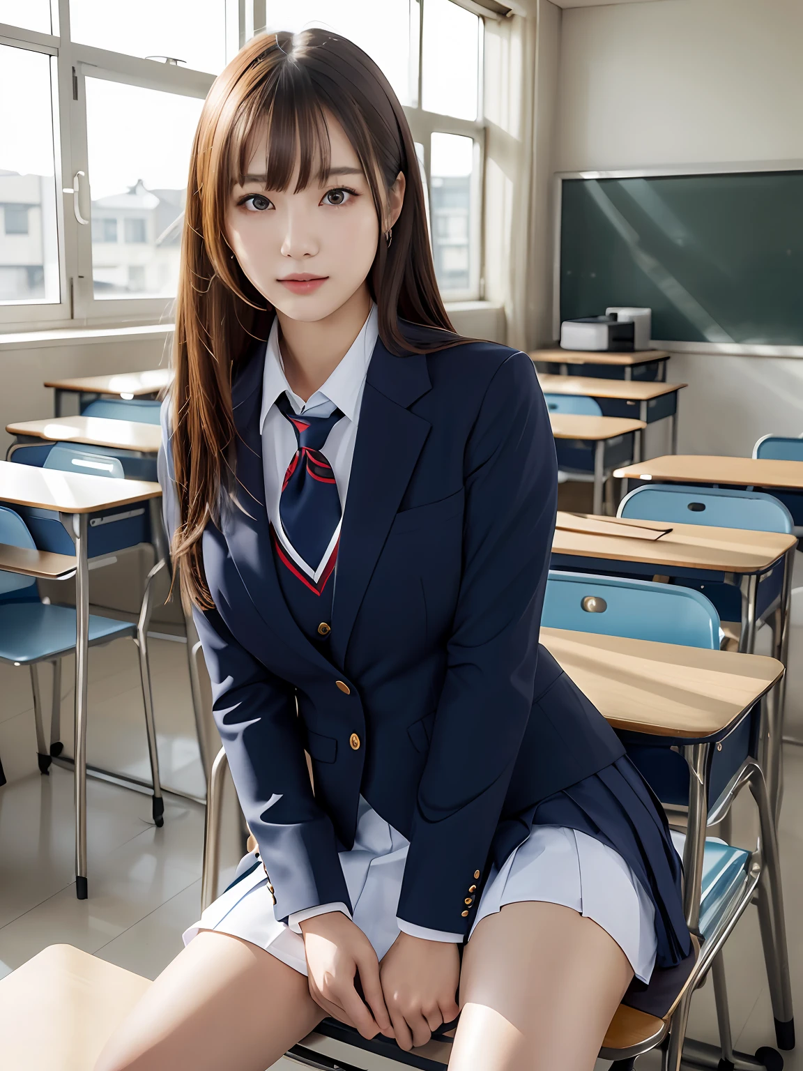 masutepiece, Best Quality, japanaese girl, 8K, Raw photo, top-notch quality, masutepiece, nffsw:1.2, exceptionally detailed RAW color photo, professional-grade photograph, (Realistic, Photorealistic:1.37), (highly detailedskin:1.2), Ultra-high resolution, (lenz 50mm), (masutepiece, top-quality:1.3), (Ultra detailed 8K cg:1.2), (hyper realisitic:1.35), (Photorealistic:1.45), (Realistic:1.4), Cowboy Shot,
1 beautiful Japanese girl, 22 years old, super model, Japanese Idol, __expression__, Large breasts, (sitting on the desk:1.1), (School uniform:1.4), (Spread legs:1.2),
(School classroom background:1.1)、Korean Idol、Nogizaka Idol、hposing Gravure Idol、Adults、女優