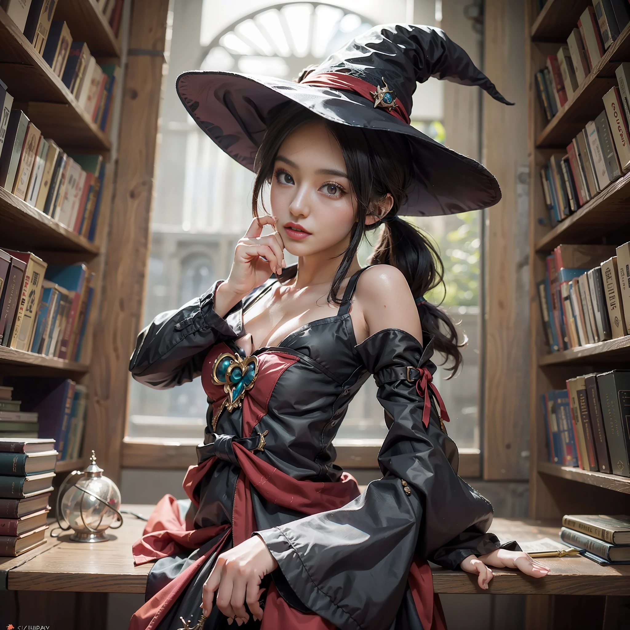 (masterpiece), (best quality), photorealism, realistic, ultra detailed, 8k resolution, (1girl), solo, beautiful girl, black twintail hair, sexy, witch, front light, cinematic light, cold light, library , witch hat, red clothes, indoor, mystery, fantasy, small body, small breast, exposed breast, holding magic wand