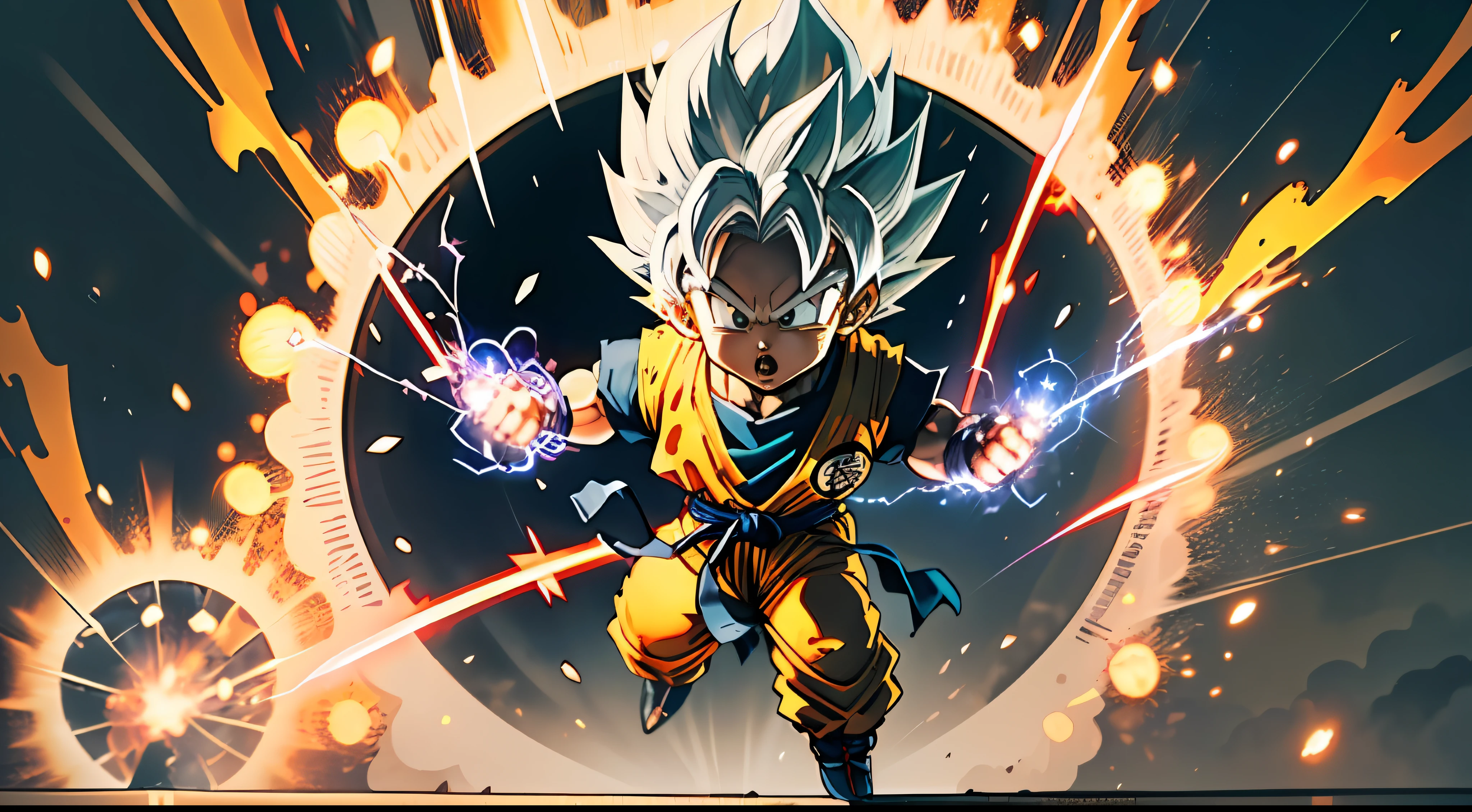 Masterpiece), (Extreme Quality), (Ultra Detailed), (delicate face), (detailed eyes), Full Body, 1 boy, (9 goku in super saiyan with white hair from Akira Toriyama's Dragon Ball manga: 1.7), solo, Chibi, Cute, perfect hands, (glowing metal objects hovering in the air and surrounding him:1.2),(Electric arcs and sparks:1.2),(flow of energy:1.2),(translucent magnetic lines:1.2),(golden silver grey and shimmering light effects:1.2), Kamehameha skill