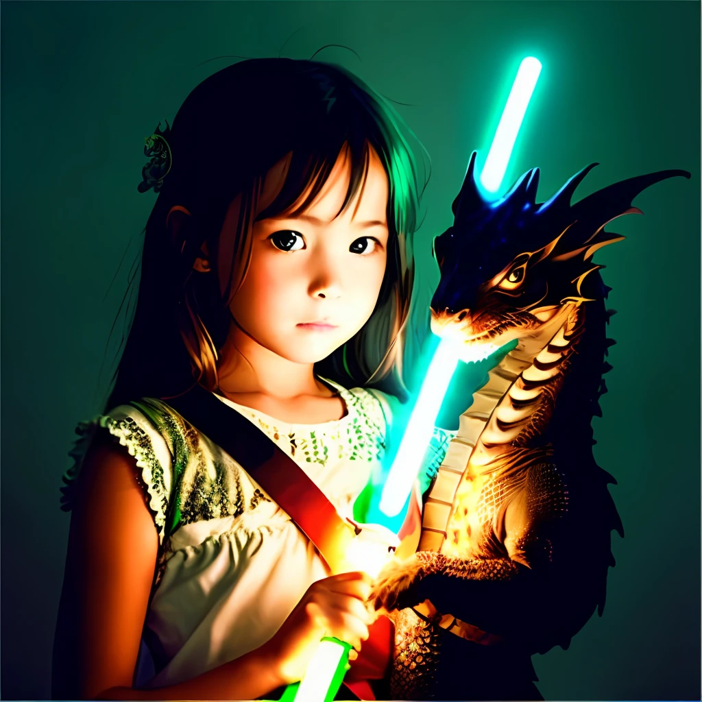 A girl holds a lightsaber and has a dragon next to her