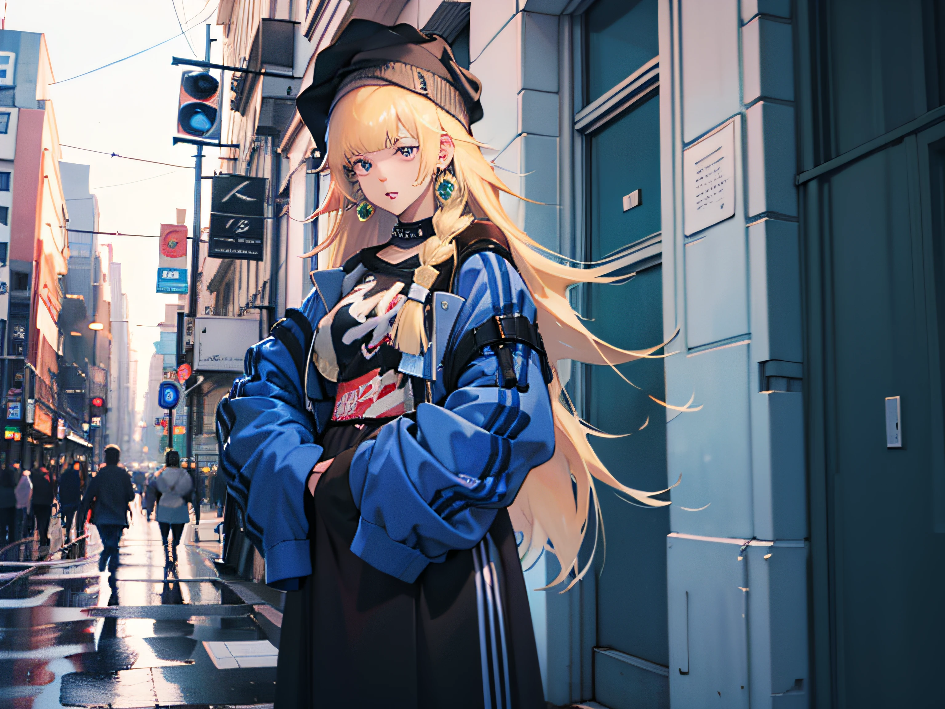 Young woman 25 years old: 1.3, anime girl standing in a city street, lofi girl, lofi artstyle, 80s anime vibe, digital anime illustration, Long hair: 1.2, Casual wear: 1.2, Daytime: 1.2, On the street: 1.2, UHD, Super detail, textured skin, High detail, Best quality, 8k