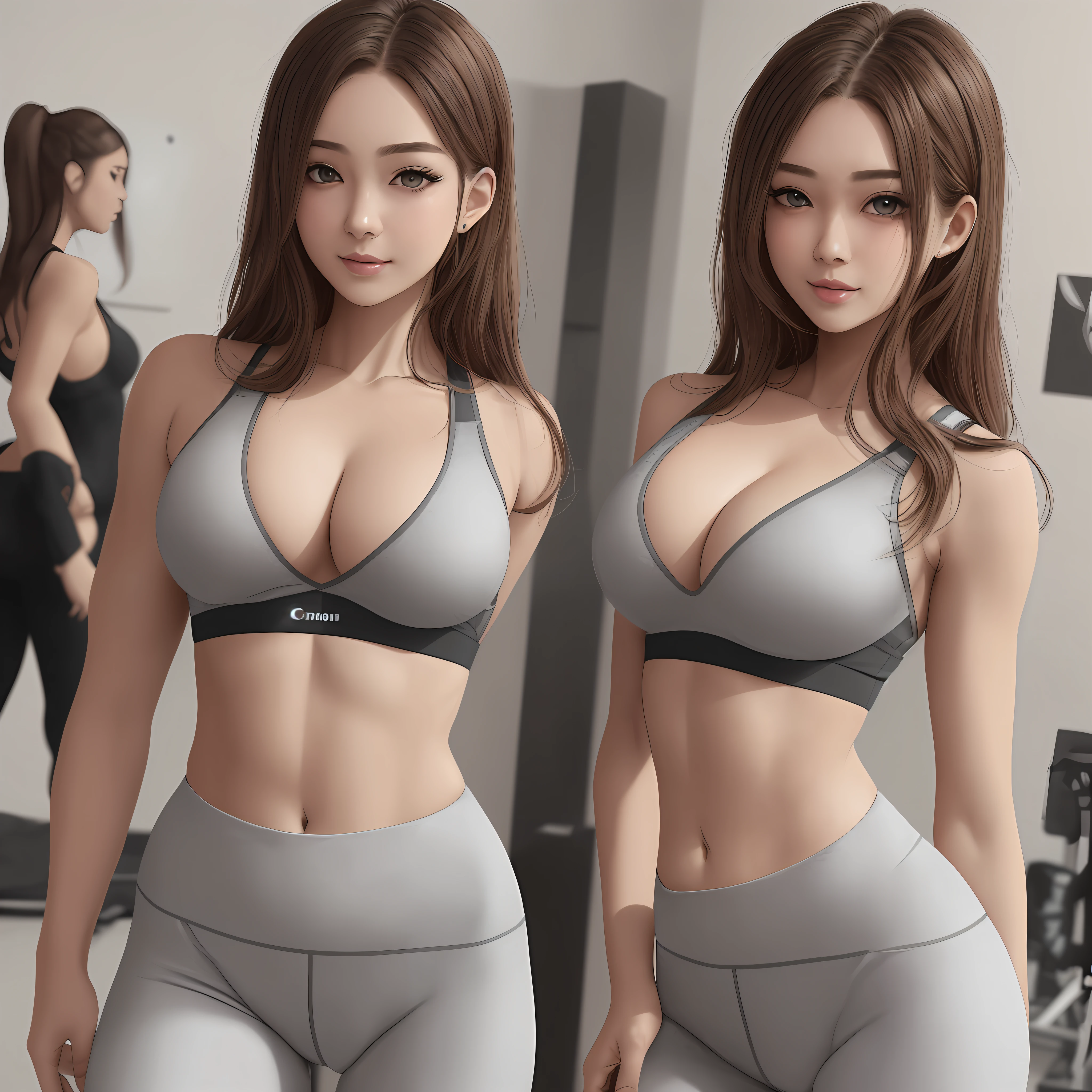 (Solo exhibition), (a detailed full-body RAW photo of a girl), (tmasterpiece:1.0), (best qualtiy:1.4), (超高分辨率:1.2), (realisticlying:1.4), 8K分辨率, a Canon EOS R5, 50mm, absurderes, hyper-detailing, (20yr old), Sharp focus, cinmatic lighting, Detailed beautiful face, (putting makeup on:1.2), (ulzzang-6500-v1.1), Petite figure, detailed skin textures, paleskin, A plump chest, (Slimming and bodybuilding:1.3), thigh gap, Delicate brown hair,sweltering heat,(Very messy hair:1.5),ssmile,(Sports bra,sport leggings:1.4),realistic glittering skin,(perspired:1.45),Slim waist,Tempting,ssmile, --auto