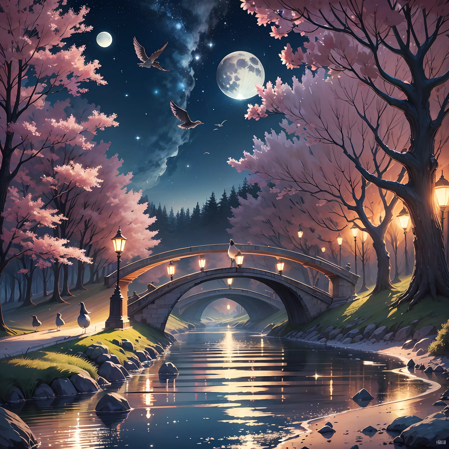 Small bridge and flowing water, peach blossom forest, white moon hanging high, stars twinkling in the sky, super wide angle, high definition, very beautiful picture, HD --ar 9:16 --auto