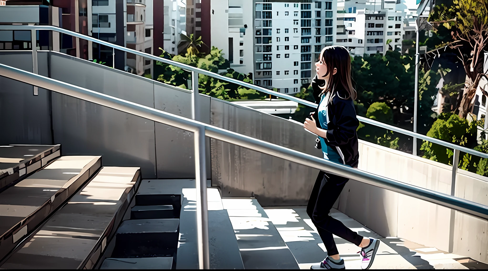 There's a woman who's walking up some stairs, girl is running, side view of her taking steps, Impossible stairs, Ana Nikonova, Filmagens de baixa qualidade, inspirado em Cheng Jiasui, descendo as escadas, parkour, julia gorokhova, escadaria externa, menina correndo, pisando na cidade, captura de tela de um filme, Imagens realistas