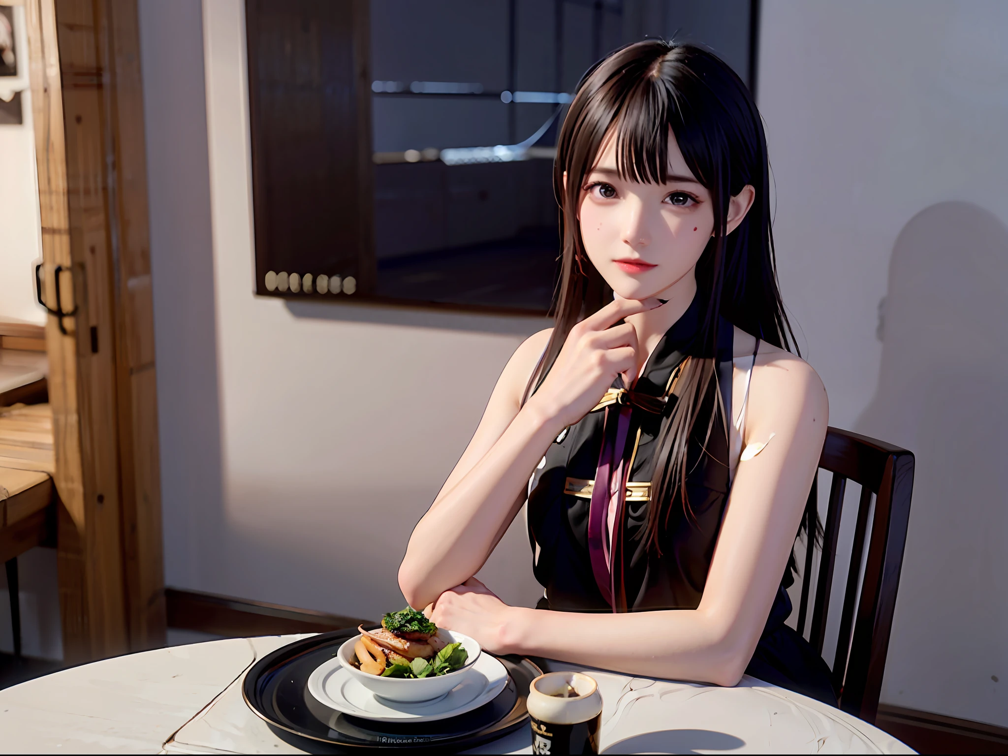 8k,Best quality, 超高分辨率,Topic description:The environment on site food is not good:The atmosphere at the table:Dissatisfied with the character's behavior:masticated,Bleeding suggests:The diet is not ideal。at a dinner table。Difficult to chew。bleed。