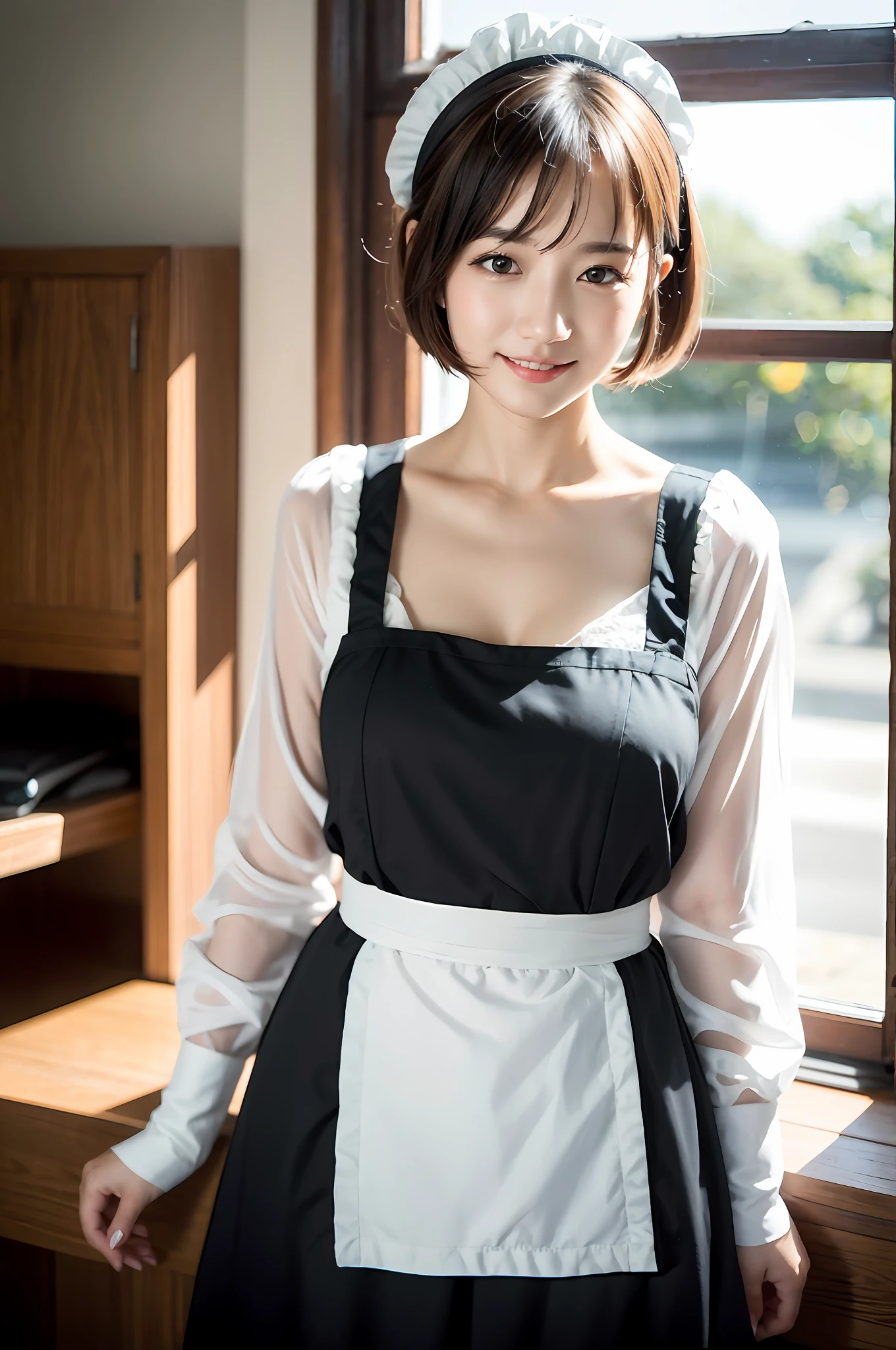 (8K, Raw photography, top-quality, ​masterpiece: 1.2), ​masterpiece, Super Detail, 超A high resolution, (Realistic and realistic photos: 1.37), high-definition RAW color photography, extremely delicate and beautiful, ighly detailed, 8K Wallpaper, astonishing, detaileds, extremely detailed eye, highlydetailed skin, extremely detailed fingers, highly detailed nose, highly detail mouth, perfect anatomia,1girl in, Apron, Black Dress, Blurry, Blurry background, blurred foreground, blush, braid, breasts, depth of fields, Dress, eyebrows visible through hair, frilld, gloves, hair between eye, Indoors, Jewelry, juliet sleeves, Long sleeves, Looking at Viewer, maid, maid apronl, Maid headdress, Puffy sleeves, Short hair, Sitting, Solo, White Apron, window, Huge boobs、乃木坂アイドル、韓国アイドル、hposing Gravure Idol、女優、25-years old、tall、cafes、resturant、Italy、Americans、Australia