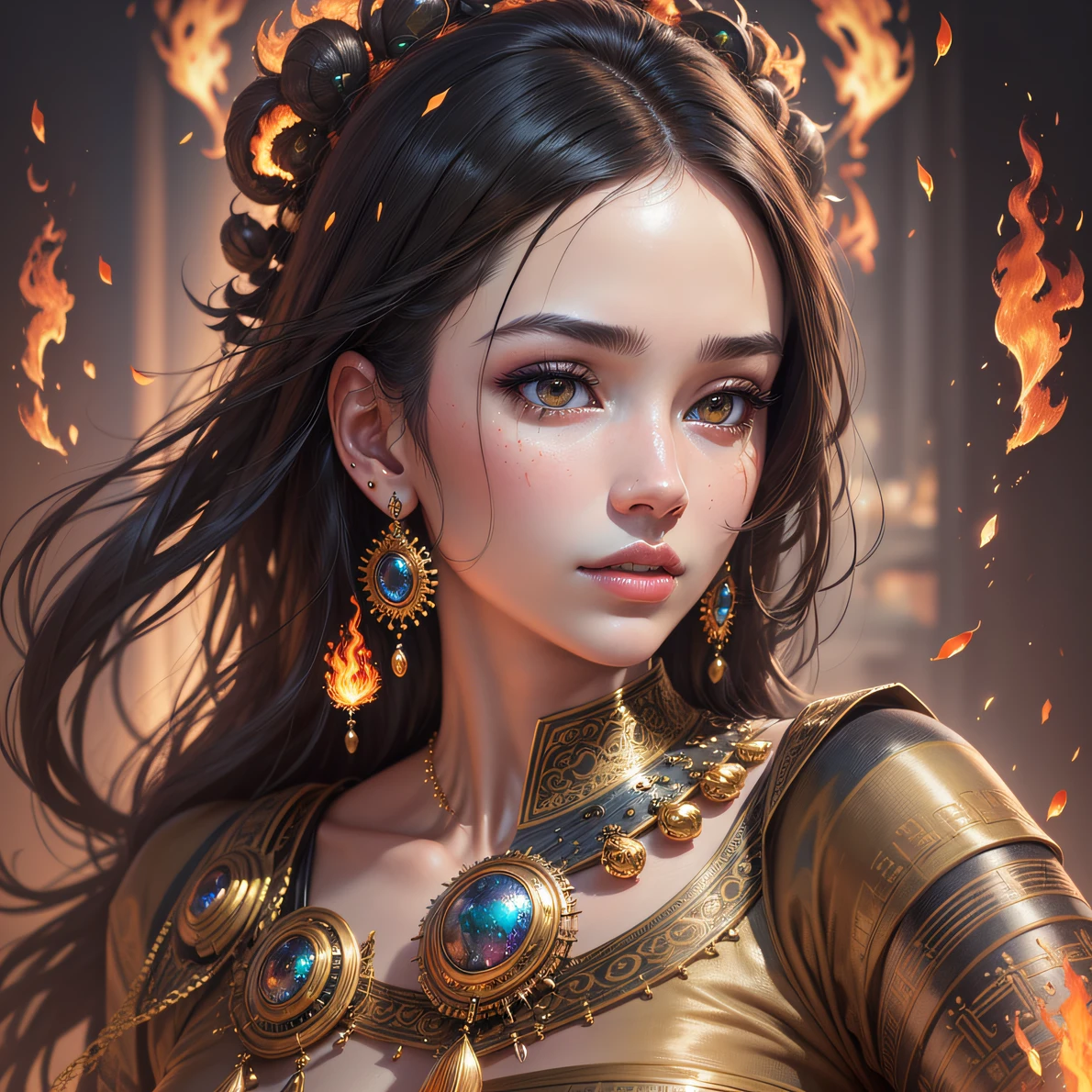 Portrait of a beautiful cyborg with 8k golden hair, intricate, elegant, finely detailed, majestic, digital photography, artgerm and the work of Ruan Jia and Greg Rutkowski, surreal painting, filigree, broken glass, (masterpiece, Side light, fine and beautiful eyes: 1.2), HDR --auto