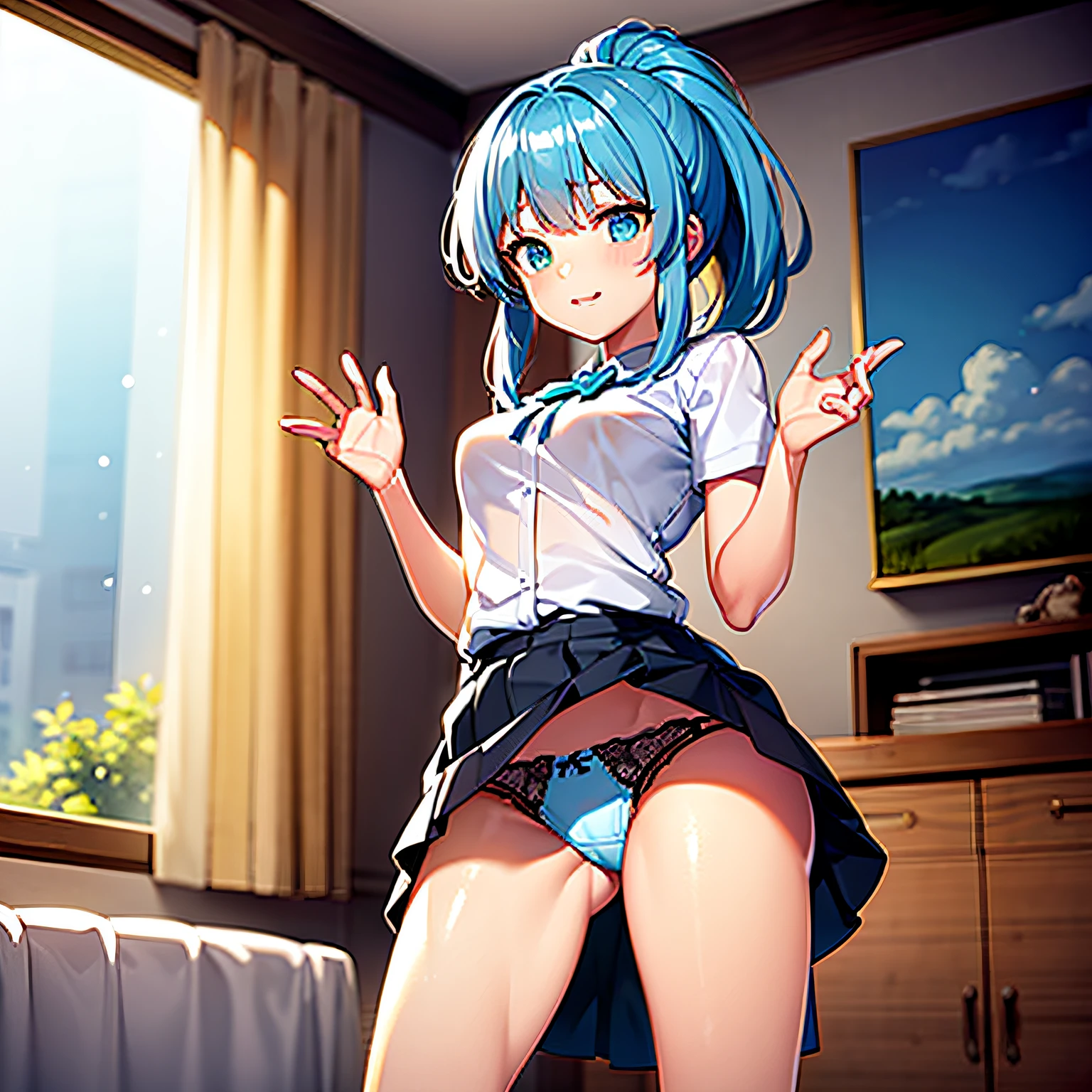 light blue  hair，Qi bangs，Single high ponytail hair，Kizi，no clothes are worn，inside bedroom，Two-dimensional painting style，2D，Lift your skirt with both hands，The reveal panties