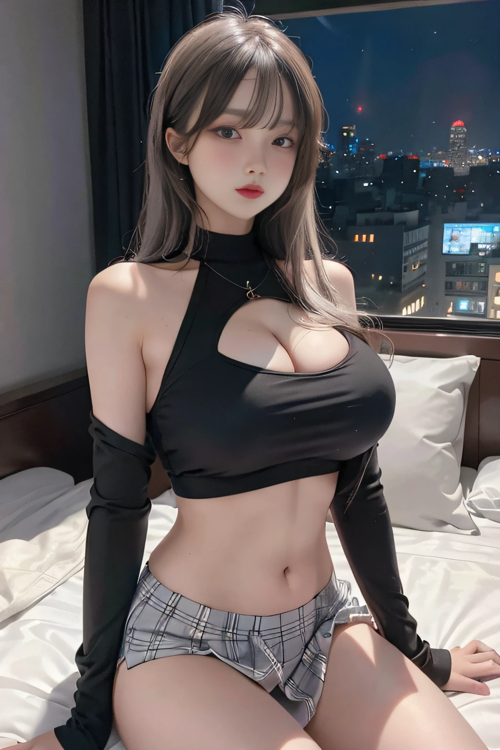 Top image quality、Raw photography、超A high resolution、17-year-old Korean、very large round breasts、shiny breasts、cleavage of the breast、blue plaid skirt、Cropped Black Tank Top、fair white skin、shiny white skin、Beautiful eyes with random colors、beautiful eyes finely detailed、elongated eyes、pale pink blush、long eyeslashes、beautiful double eyelid、eyeshadows、Beautiful navel、Beautiful abs、Beautiful ribs、bright silver hair、bright white hair、Hotel room at night、Room with night view、large glass windows、