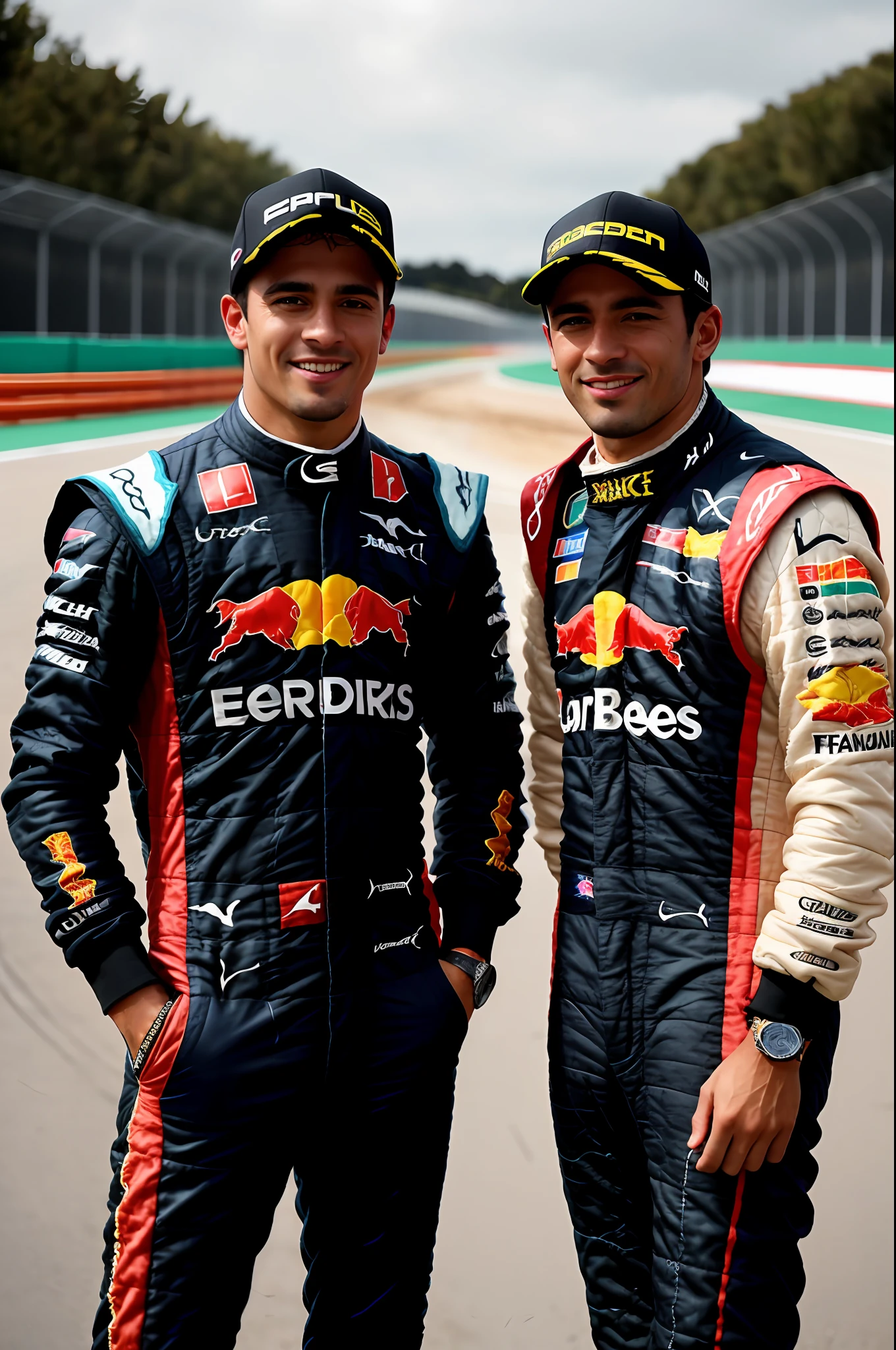 Foto RAW, A detailed photo portrait of two very friendly Formula 1 drivers, desejando sorte um para o outro antes da corrida final, 8k UHD, alta qualidade, filmic grain, Fujifilm XT3