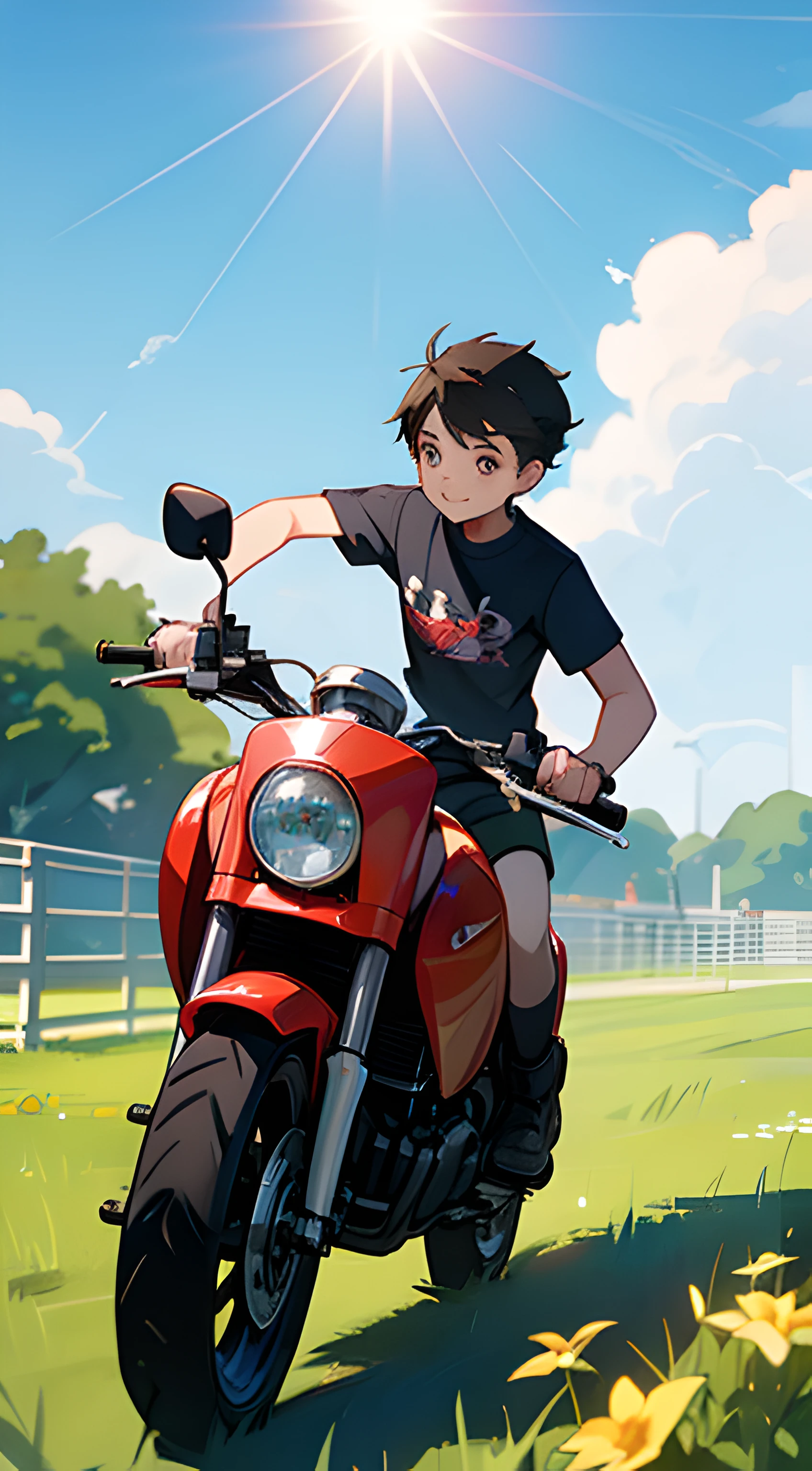(high high quality)Motorcyclical(younge boy)Show on the(On wide meadows)swim,Wear a summer T-shirt,The direction of the ride is greeting(Brilliant sunshine),Behind him is(Vibrant garden)。