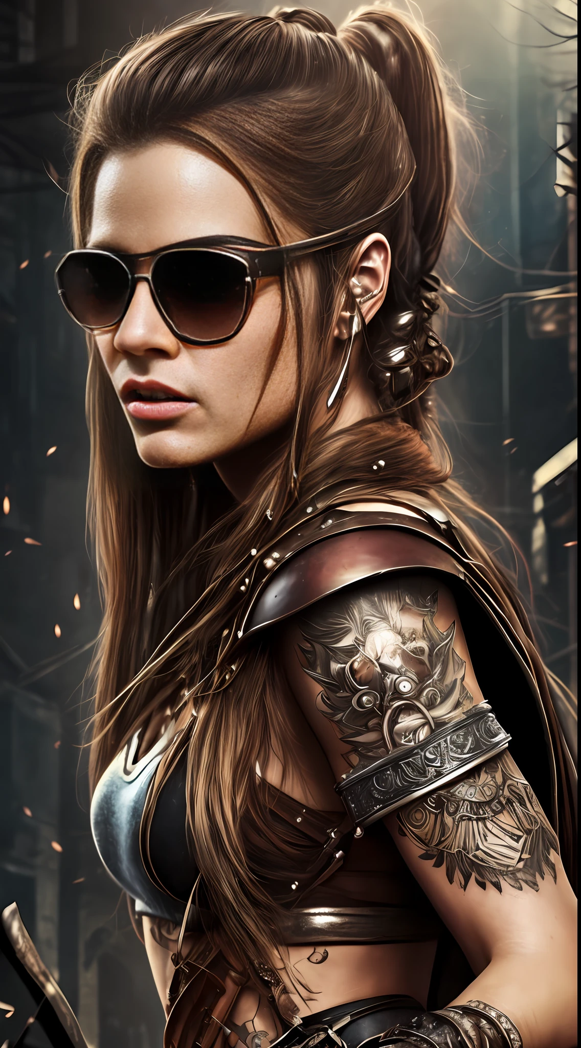 a hyper realistic ultra detailed photograph of a futuristic beautiful barbarian woman wearing sunglasses at a dystopian city, tattered outfit with rusty metal armor plates, long wild hair, tattooed hands and body, fashion pose, detailed symmetric beautiful hazel eyes, detailed gorgeous face, apocalyptic environment, exquisite detail --auto