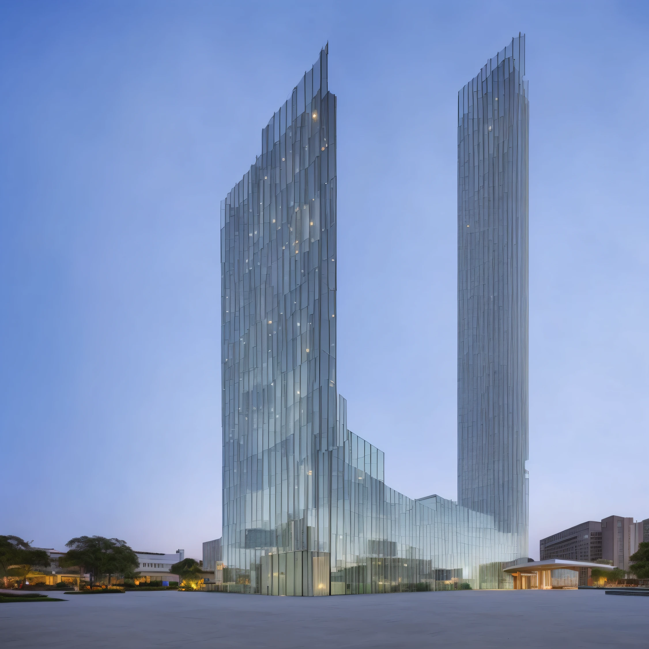 (most advanced and stylish technology tower:1.2), simple and futuristic, (streamlined design:1.2),(conspicuously unique), (glimmering glass curtain wall, brightly lit:1.3), stands tall and proud.