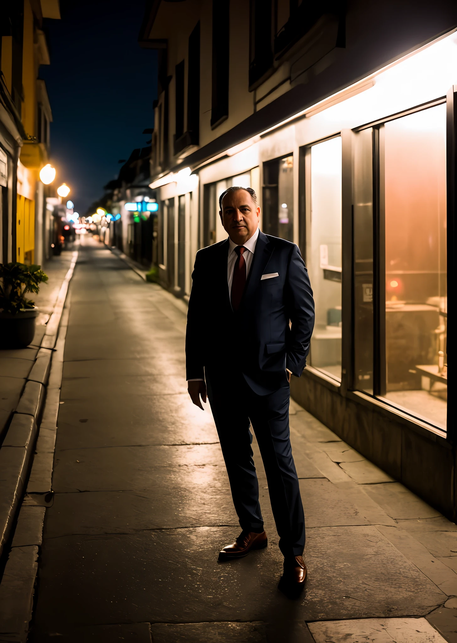 Foto RAW, uma foto de um mafioso, noite, rua da cidade, (pele altamente detalhada: 1.2), 8k uhd, dslr, soft-lighting, alta qualidade, grain of film, Fujifilm XT3