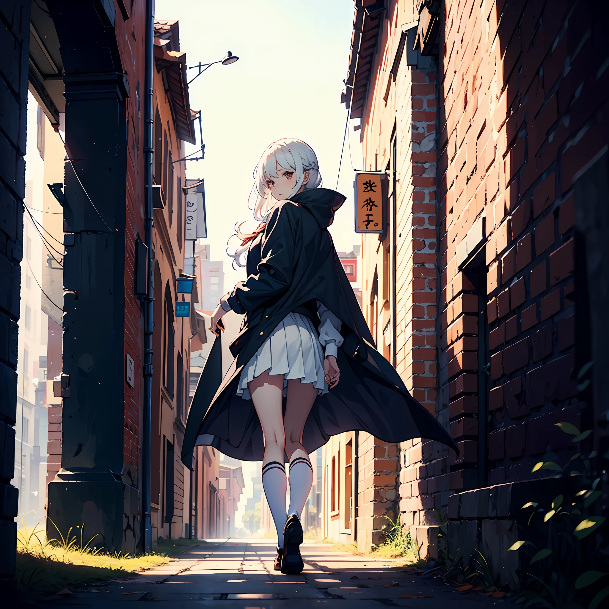 schoolgirls,White color hair,largeeyes,Ancient wind,Long legs,Cloak