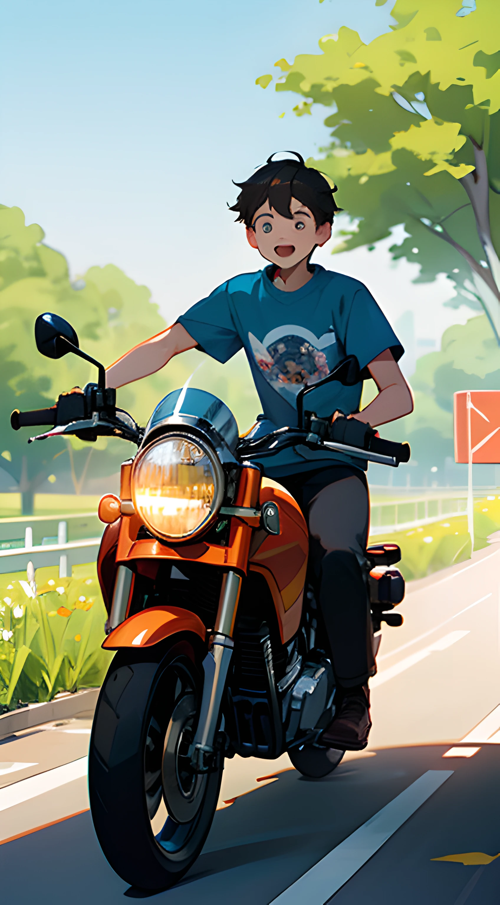 (high high quality)Motorcyclical(younge boy)Show on the(On wide meadows)swim，Wear a summer T-shirt，The direction of the ride is greeting(Brilliant sunshine)，Behind him is(Vibrant garden)。