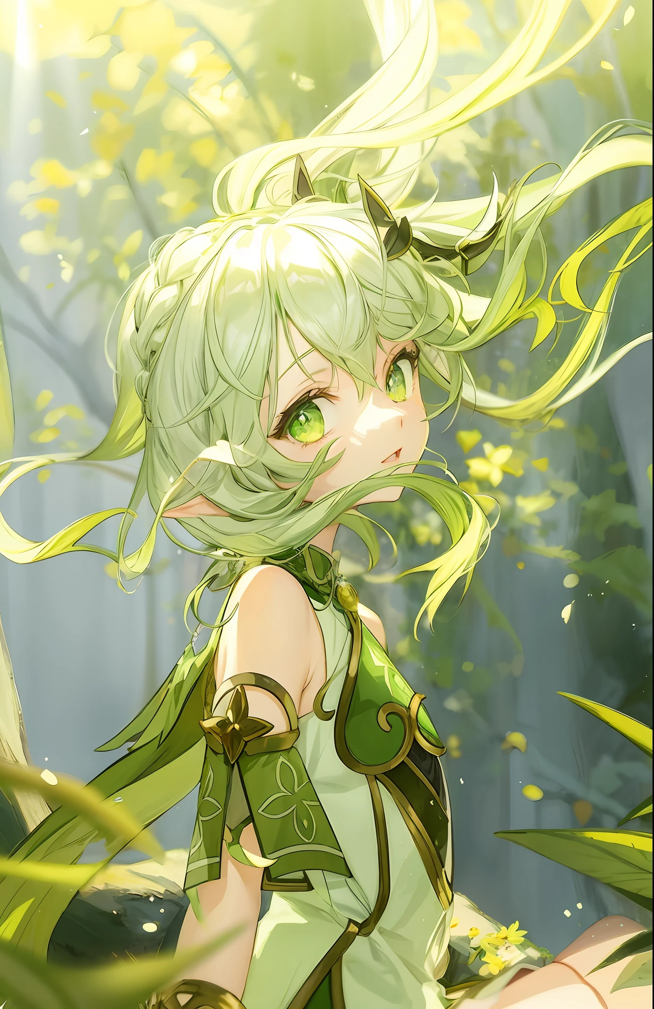 Anime girl sitting in grass with green eyes and long hair, fey queen of the summer forest, Detailed key anime art, beautiful fantasy anime, Elf Girl, shadowverse style, Detailed digital anime art, anime visual of a cute girl, Portrait Chevaliers du Zodiaque Fille, rogue anime girl, alluring elf princess knight, trending on artstation pixiv