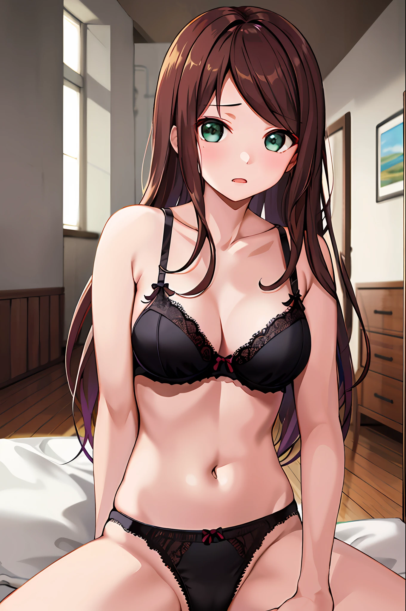 ​masterpiece、top-quality、hight resolution、1girl in、独奏、jewely、、an lingerie、White bra、string、Indoors、