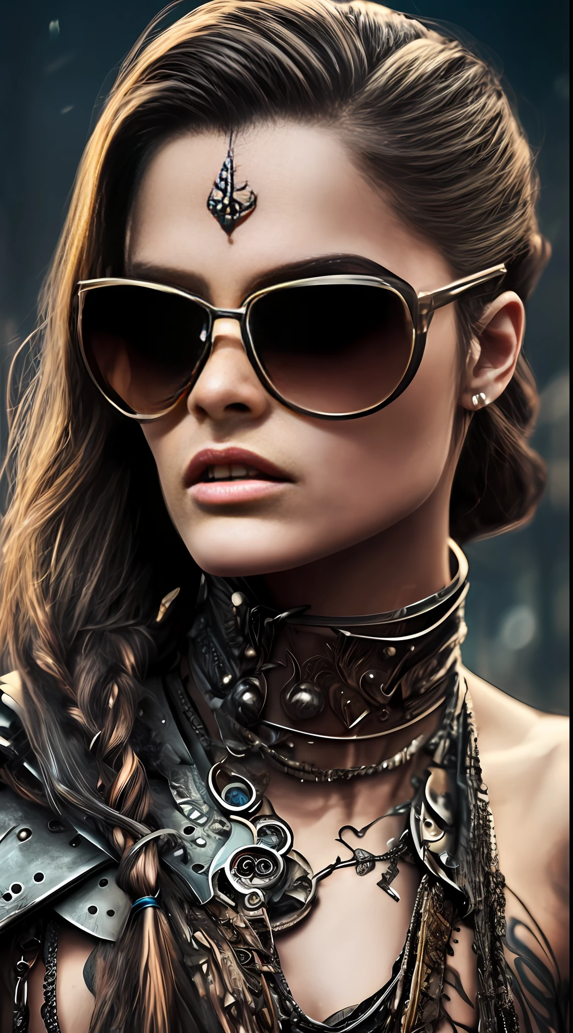 a hyper realistic ultra detailed photograph of a futuristic beautiful barbarian woman wearing sunglasses at a dystopian city, tattered outfit with rusty metal armor plates, long wild hair, tattooed hands and body, fashion pose, detailed symmetric beautiful hazel eyes, detailed gorgeous face, apocalyptic environment, exquisite detail --auto