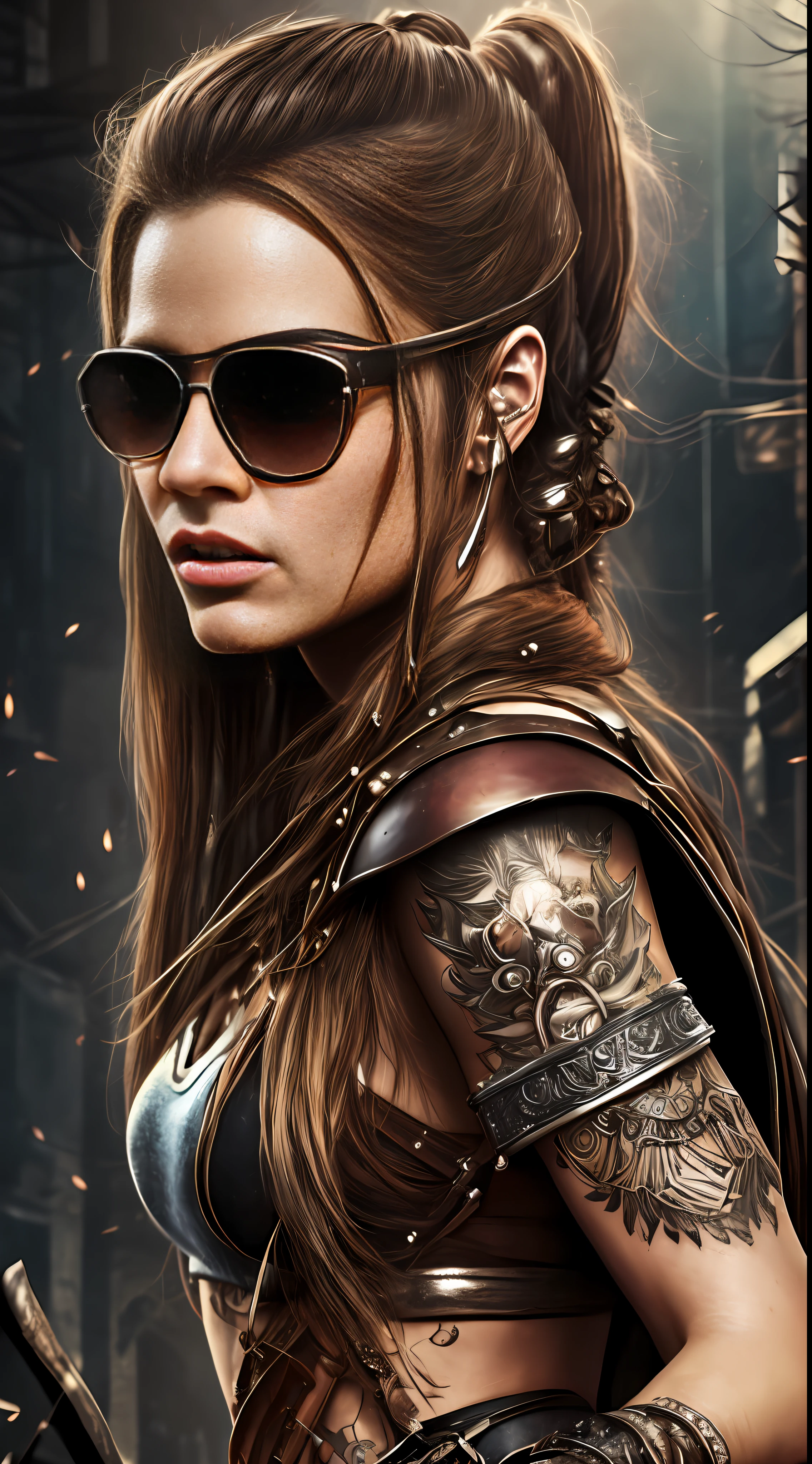 a hyper realistic ultra detailed photograph of a futuristic beautiful barbarian woman wearing sunglasses at a dystopian city, tattered outfit with rusty metal armor plates, long wild hair, tattooed hands and body, fashion pose, detailed symmetric beautiful hazel eyes, detailed gorgeous face, apocalyptic environment, exquisite detail --auto