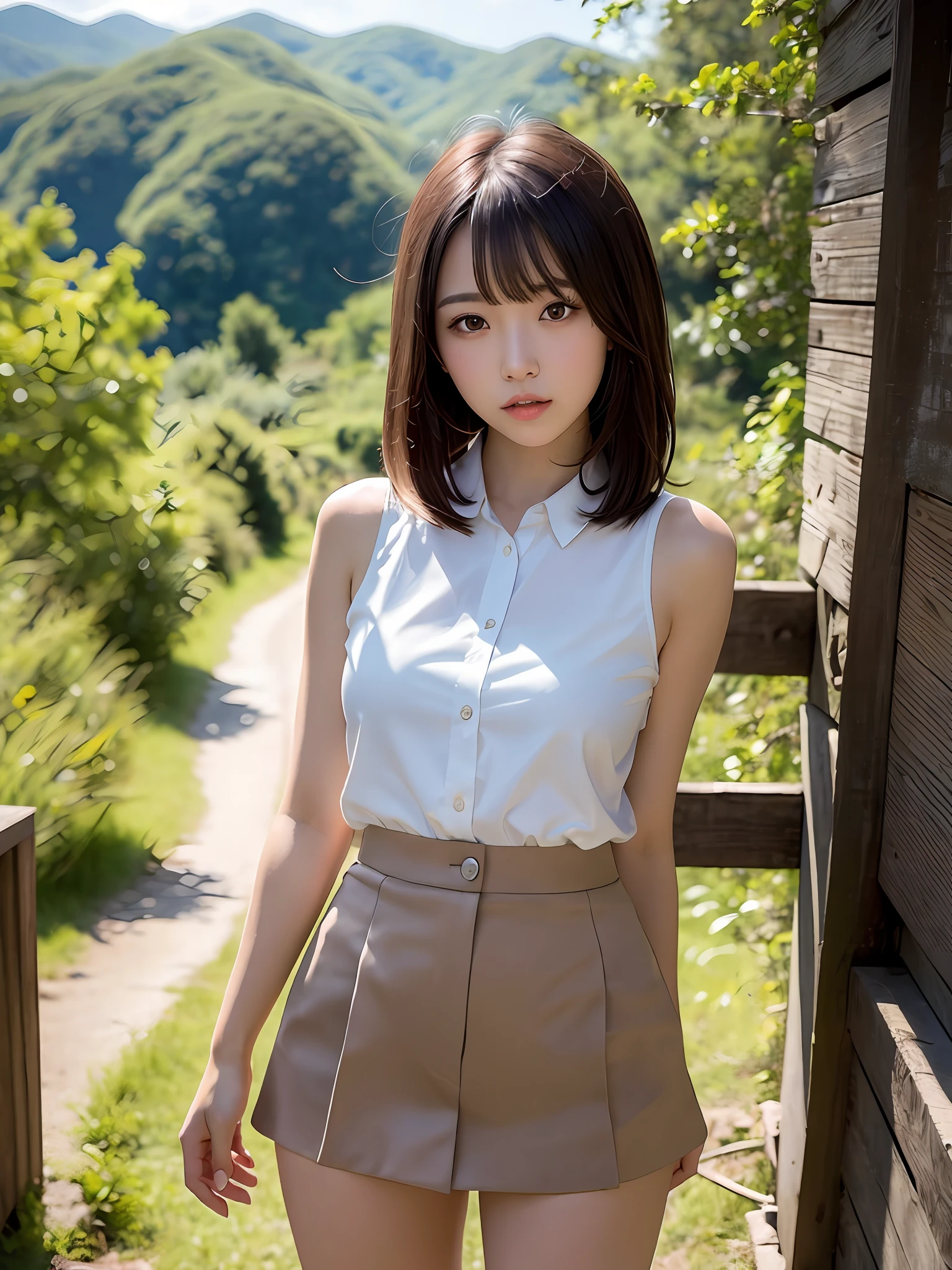 mastepiece, 1 girl per 1 photo, cowboy shot, direct front view, a Japanese young pretty girl, standing on an old wooden bridge over the valley surrounded by mountains of a countryside of Japan, glamorous figure, wearing a sleeveless white blouse with collared, wearing a black short culottes skirt, naked feet with low heels sandals, a summer sunshine, staring at a view, hyper cute face, glossy lips, double eyelids for both eyes, natural makeup, shiny smooth light brown hair of long bob hair, asymmetrical bangs, tanned skin, central image, 8K resolution, high detail, detailed hairstyle, detailed face, cinematic lighting, octane rendering, hyper realistic, perfect limbs, perfect ???????