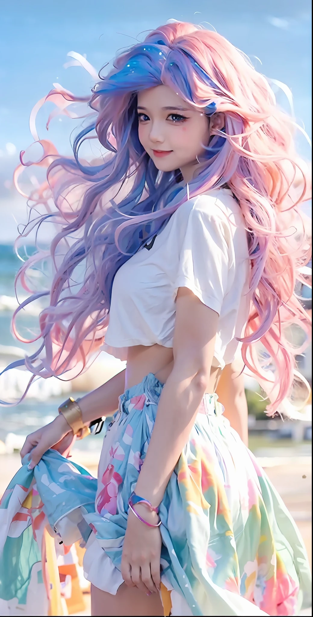 Close-up of long-haired figure on the beach, rossdraws pastel vibrant, Long hair in pastel colors, Beautiful anime style, colorful pastel, Anime style mixed with Fujifilm, pastelwave, long bubblegum hair, vibrant pastel colors, beautiful anime art style, Style Artgerm, art-style, Long flowing pink hair, colorfull long hair