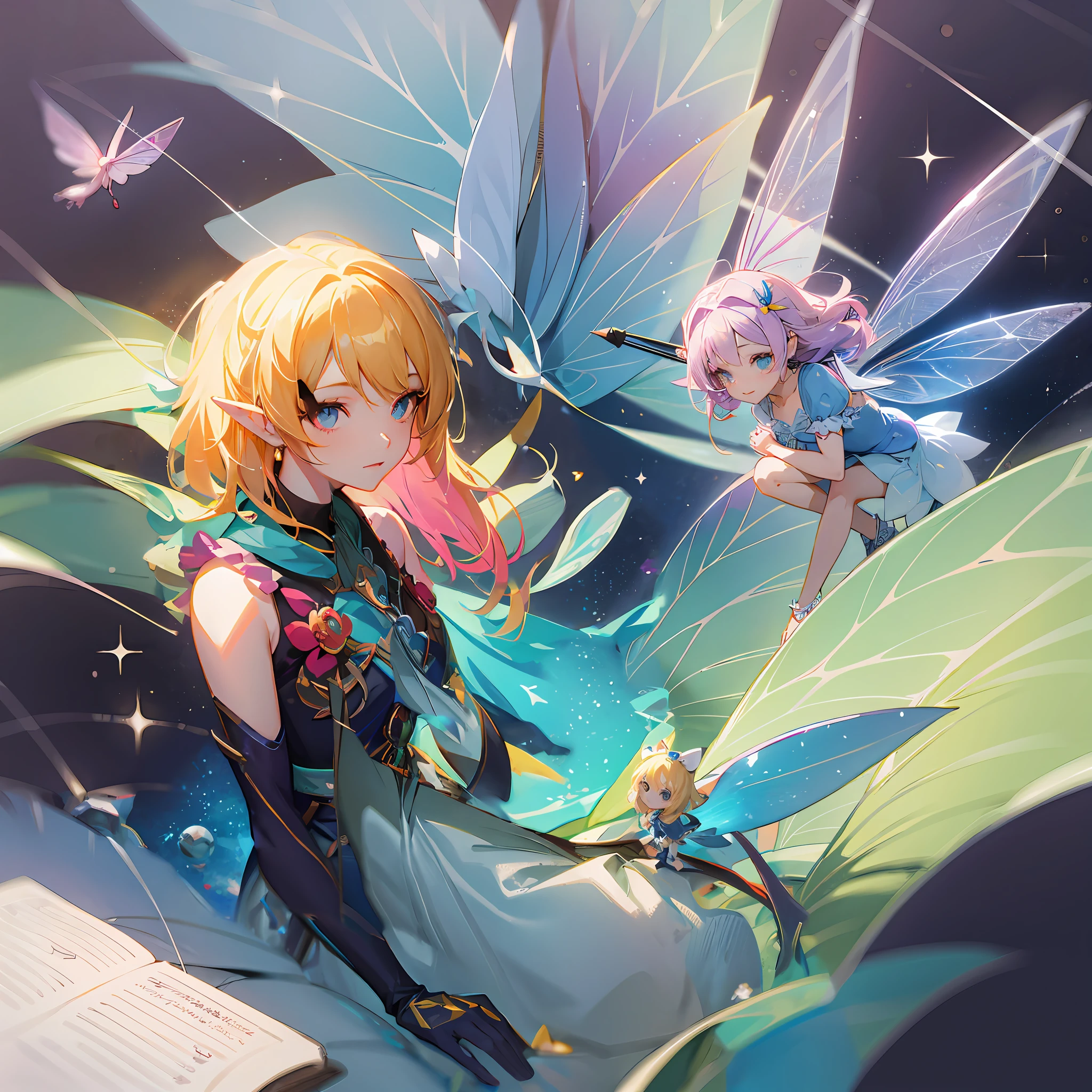 Anime - Style illustration of a woman in fairy costume and fairy doll, Guviz-style artwork, loish and ross tran, inspired by Ross Tran, Anime fantasy illustration, In the style of Ross Tran, astral fairy, Digital art on Pixiv, Fantasy art style, space flower fairy, Ross Tran style