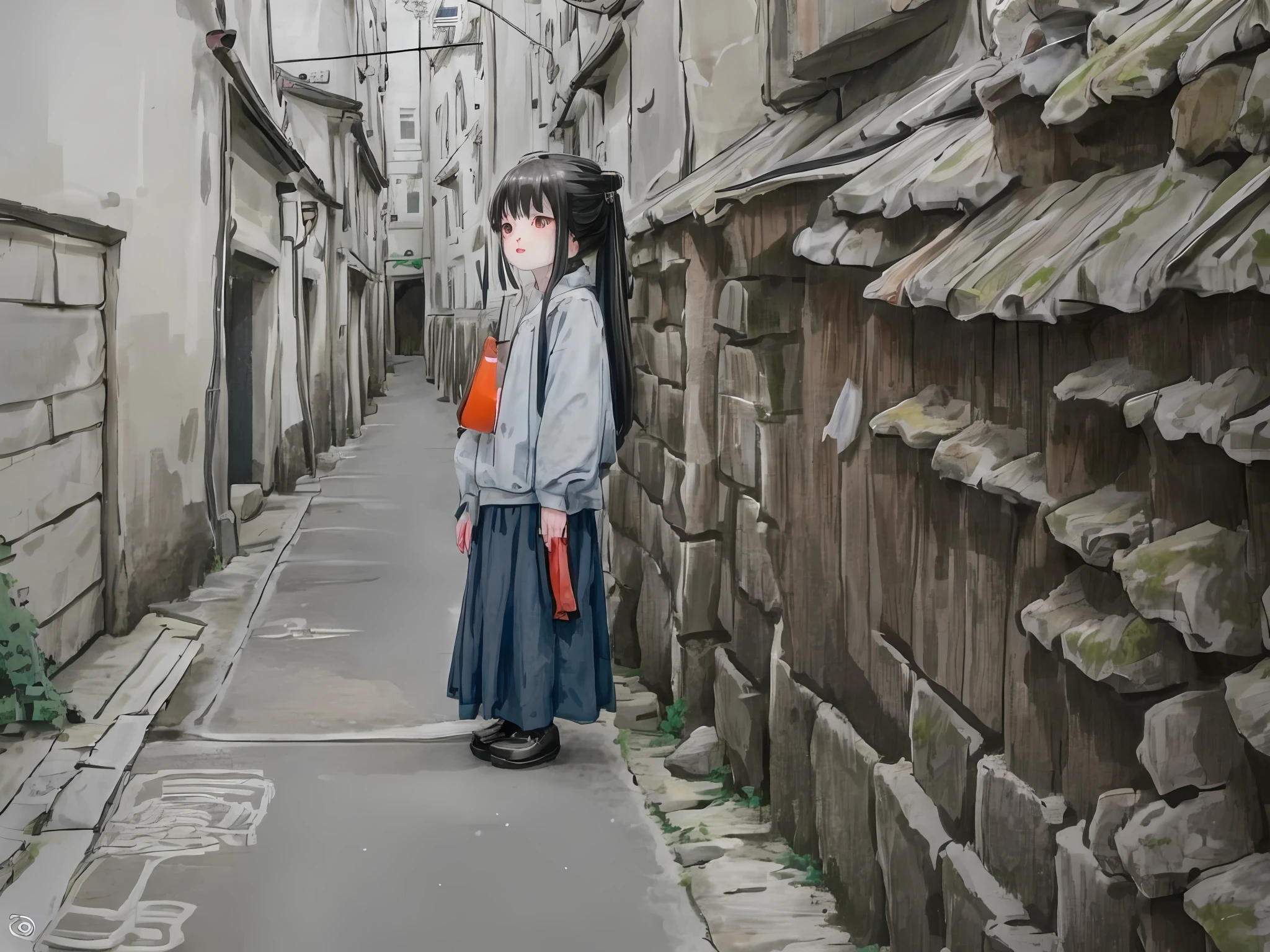 There was a little girl standing in a narrow alley, clothed in ancient street wear, ancient city streets behind her, standing in an alleyway, at an ancient city, inspired by Yu Zhiding, in a narrow chinese alley, waiting behind a wall, still from a music video, low quality footage, ancient city of white stone, Inspired by Liu Jue