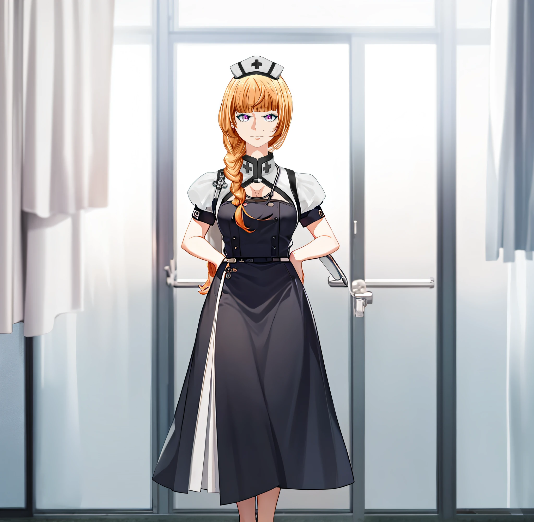 Anime girl with long hair and nurse hat, 8Head and body, Anime Maid, Female protagonist 👀 :8, marisa kirisame, Yayoi Kasuma, Gapmoe Yandere, nurse girl, detailed finger, Working at a hospital with a sea view, Lower the stethoscope, White long skirt, White sandals, rena nounen style 3/4, Rei Hiroe, from girls frontline, gapmoe yandere grimdark, waifu, inspired by Li Chevalier