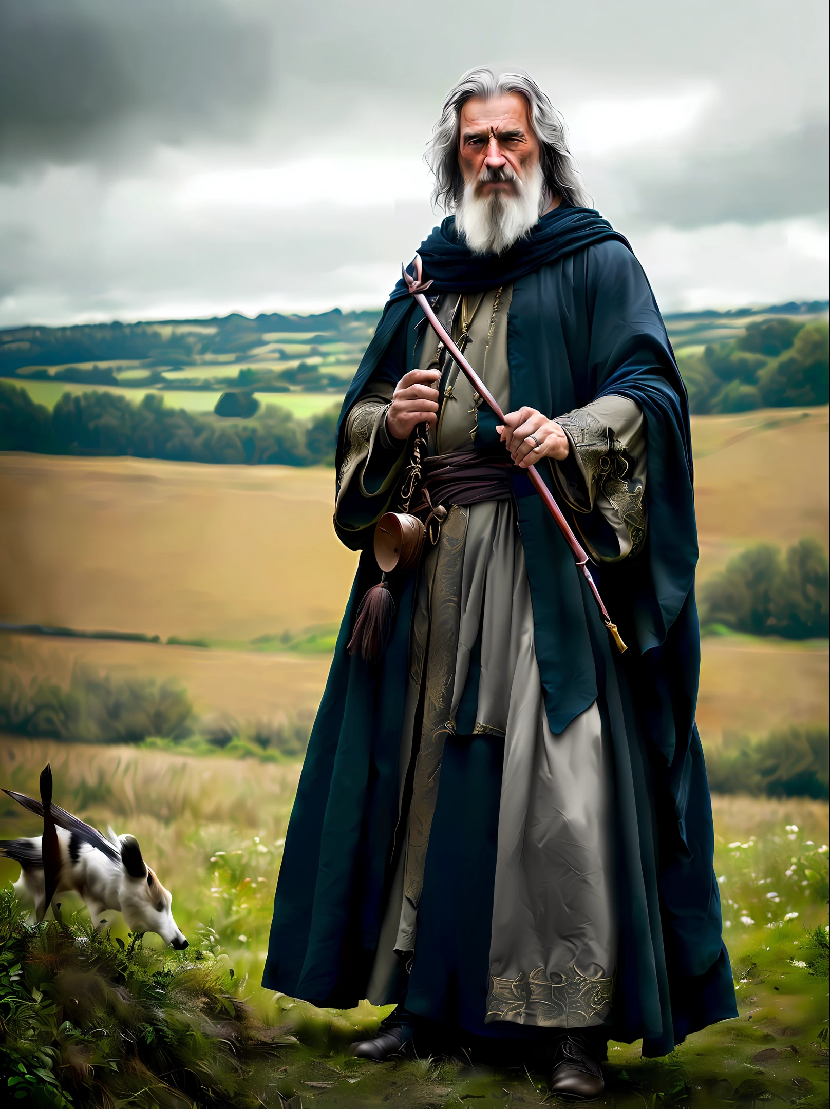 The ancient style man holds a sword in his hand