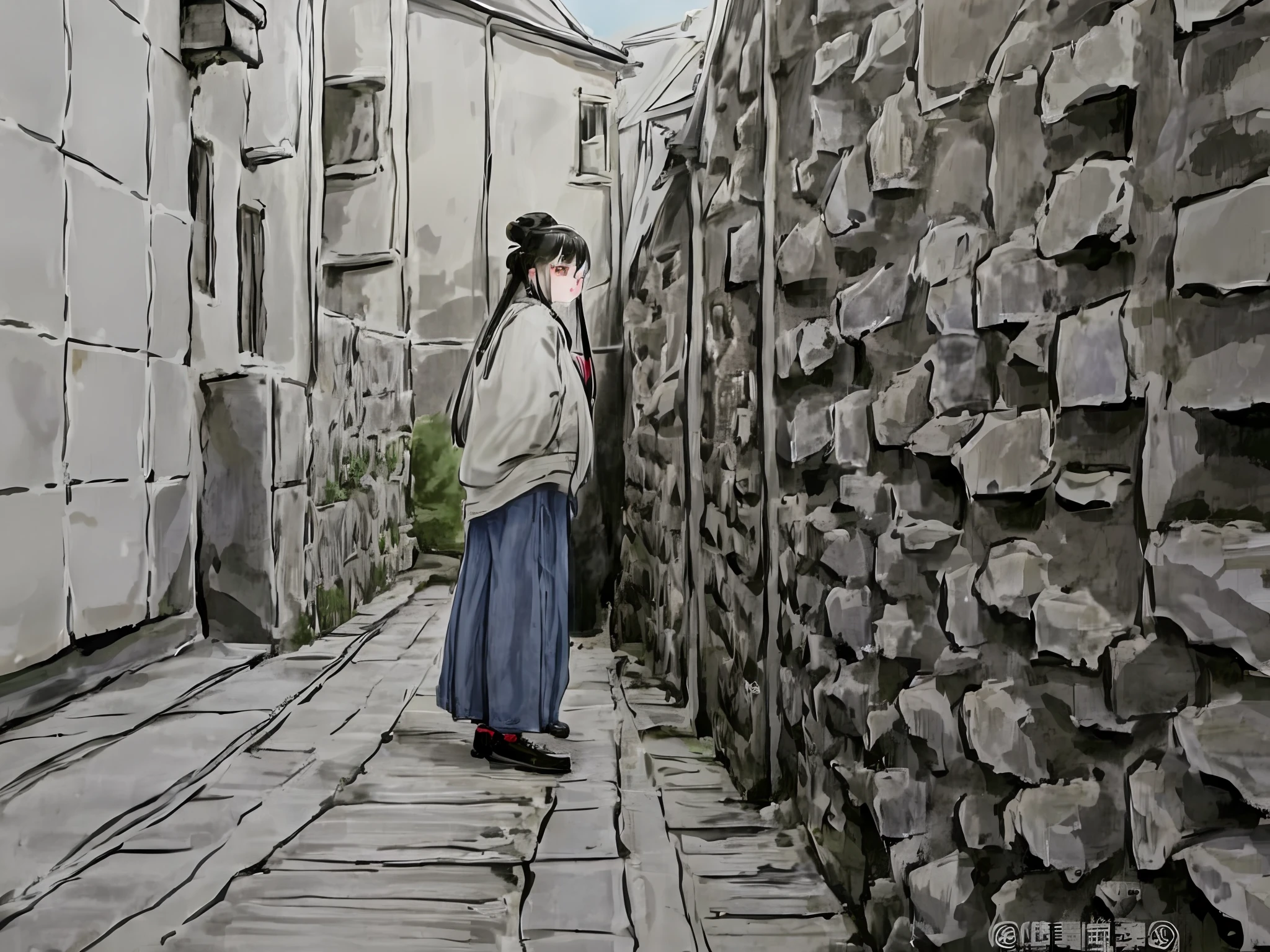 There was a little girl standing in a narrow alley, clothed in ancient street wear, ancient city streets behind her, standing in an alleyway, at an ancient city, inspired by Yu Zhiding, in a narrow chinese alley, waiting behind a wall, still from a music video, low quality footage, ancient city of white stone, Inspired by Liu Jue