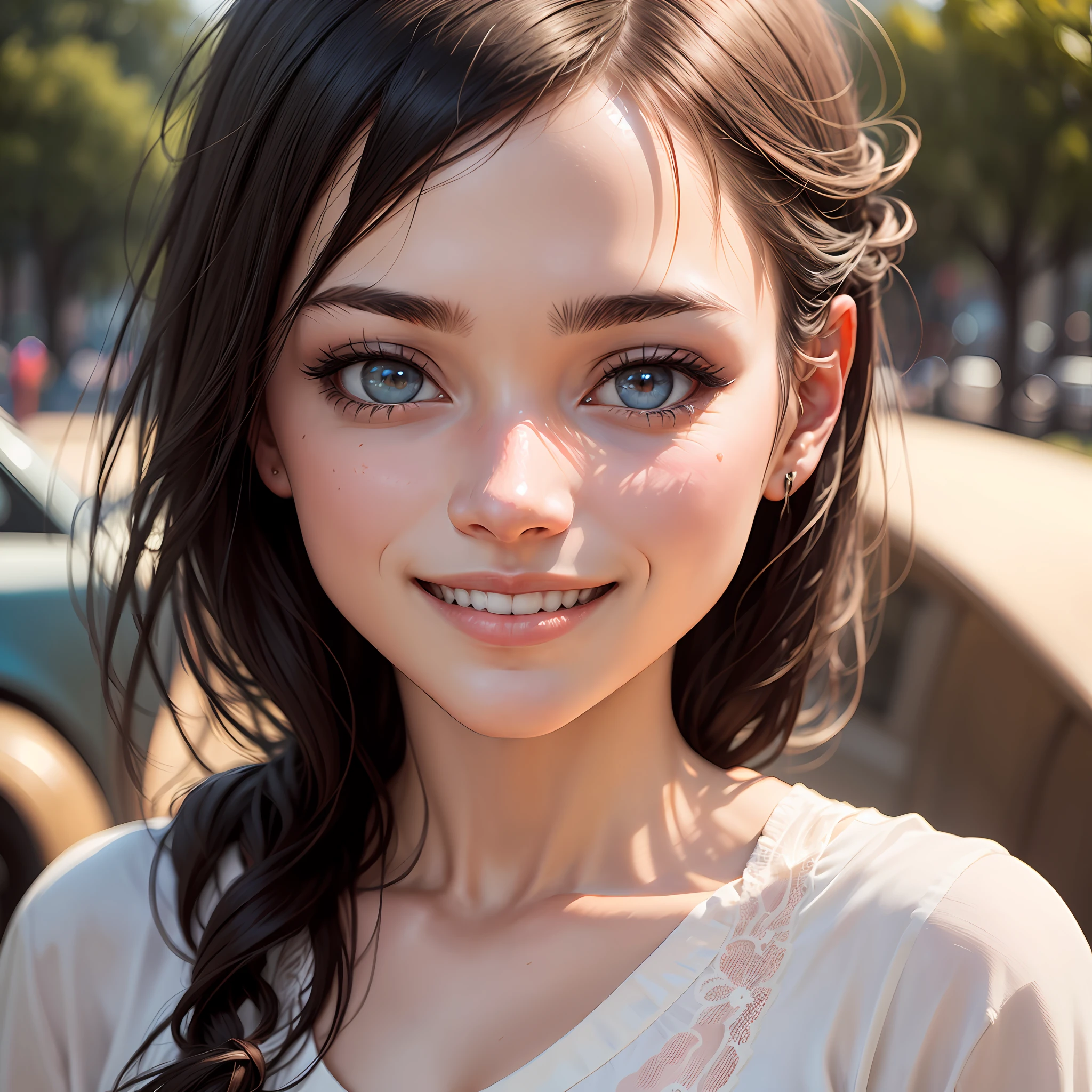 extremely detailed eyes, extremely detailed face, best quality ,masterpiece, extremely detailed, ultra-detailed, (realistic, photo-realistic:1.3), smile, (facing front), looking at viewer, white shirt, sunny day, outdoor, 1girl upperbody --auto