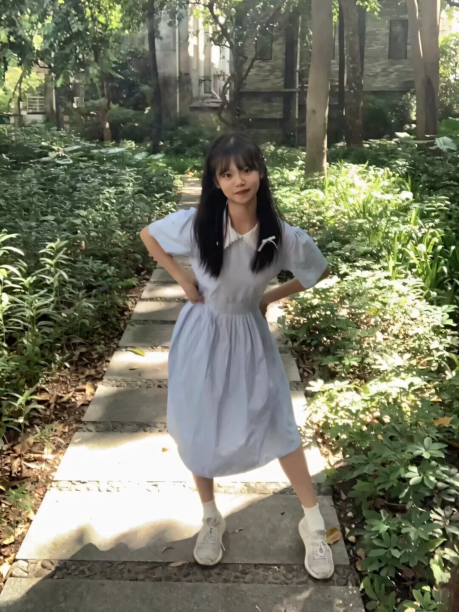 Alafid woman in blue dress standing on the sidewalk, dressed with long fluent clothes, loli in dress, loose coat collar sailor uniform, wearing a Japanese school uniform, cosplay of a catboy! maid! dress, wearing a cute white dress, wearing in a summer dress, inspired by Ma Yuanyu, full body cute young lady, simple dress
